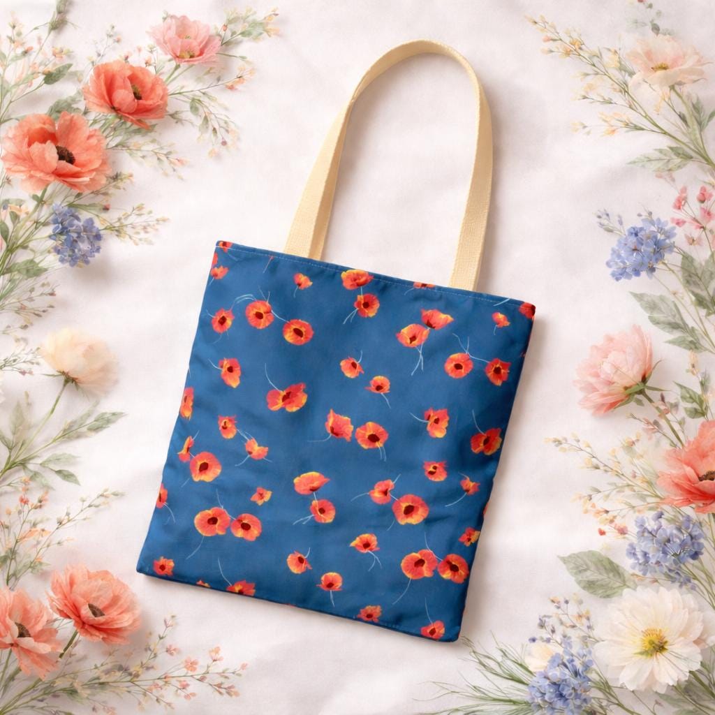 Red Poppy Floral Pattern Tote Bag | Blue Background, Reusable Eco-Friendly Casual Market & Everyday Carry with Reinforced Handles