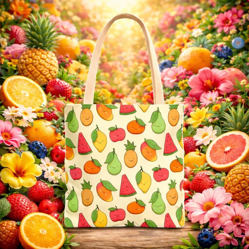 Cute Kawaii Fruit Pattern Tote Bag | Watermelon Pear Apple Lemon Orange Reusable Grocery Beach Summer Market Tote