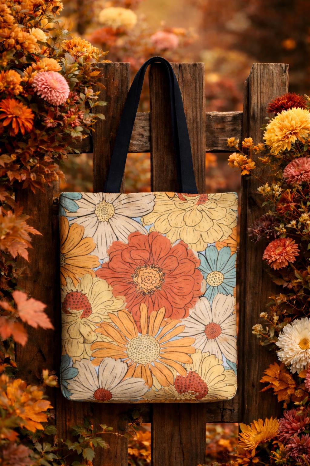 Retro Floral Bouquet Tote | Vintage Daisy Pattern, Earth Tone Flowers