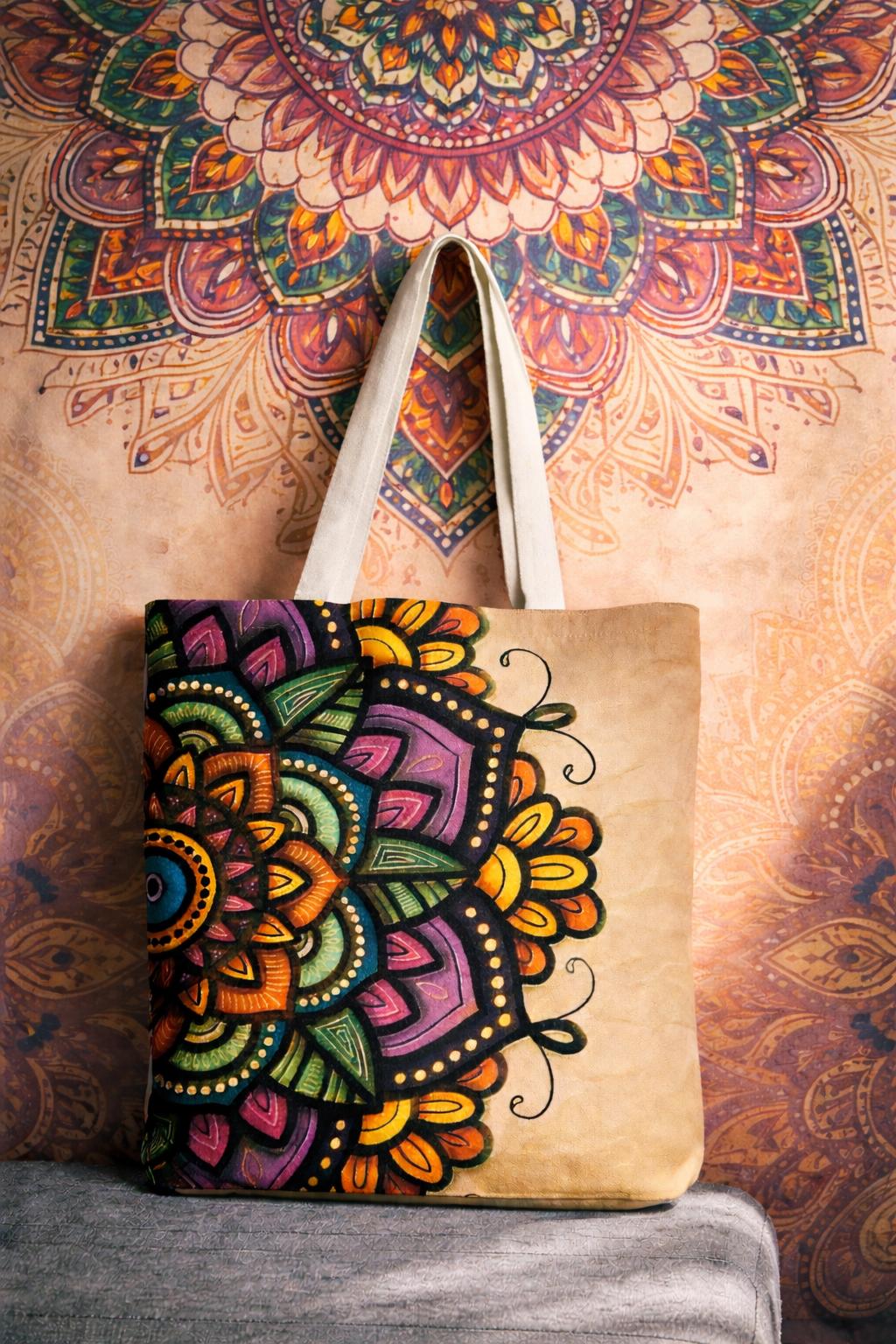 Mandala Polyester Tote Bag with Colorful Accents