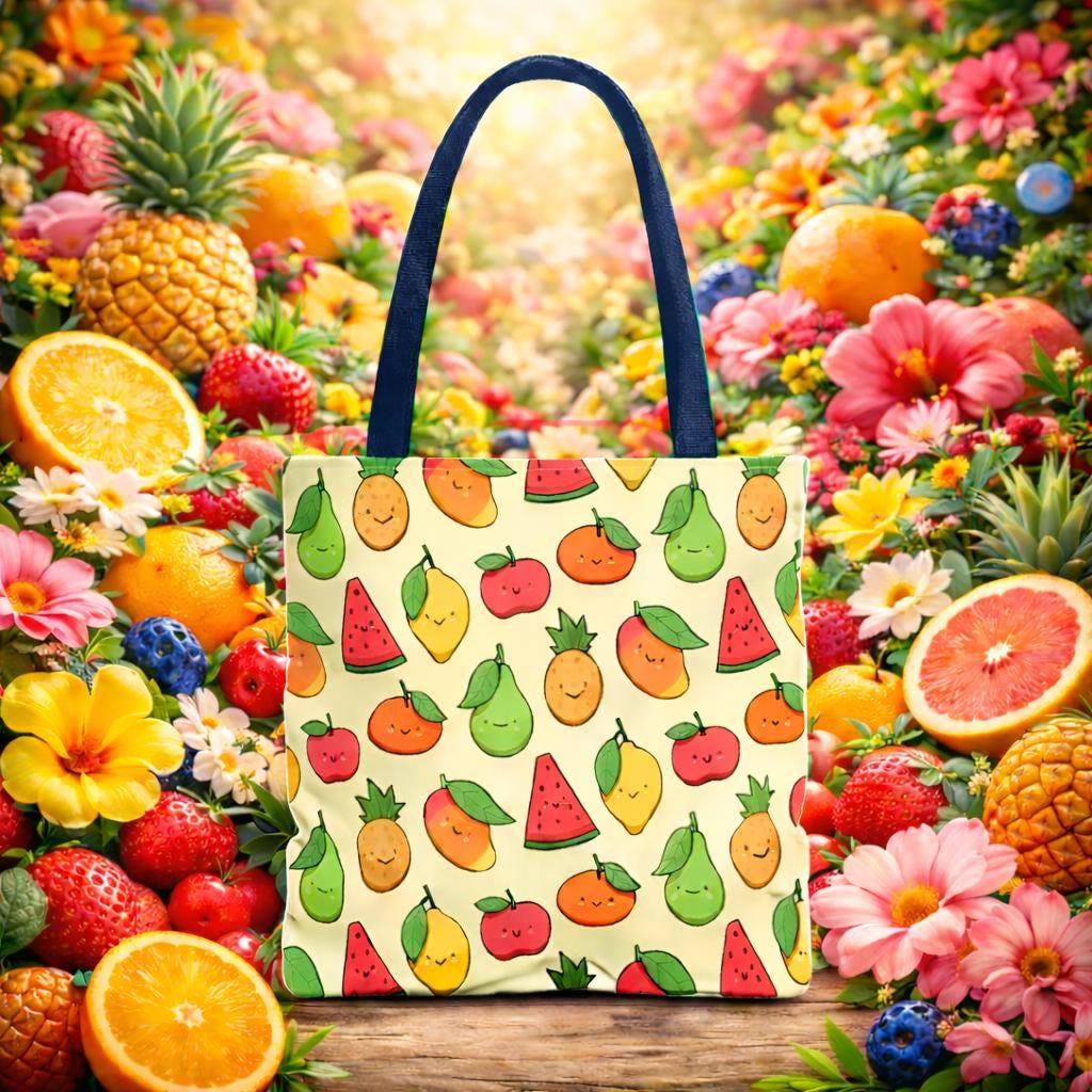 Cute Kawaii Fruit Pattern Tote Bag | Watermelon Pear Apple Lemon Orange Reusable Grocery Beach Summer Market Tote