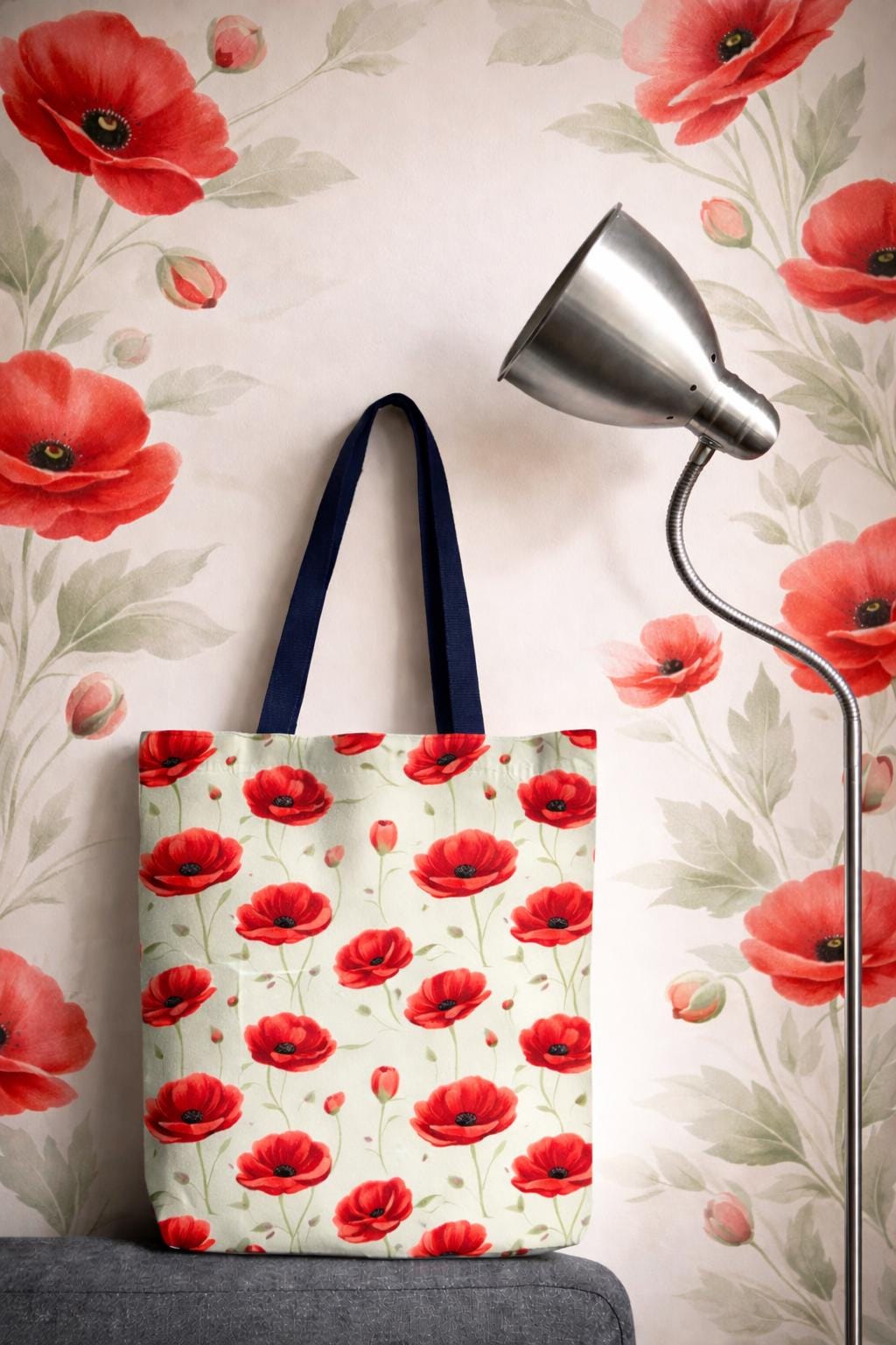 Red Poppy Pattern Tote Bag | Floral Poppy Print Tote