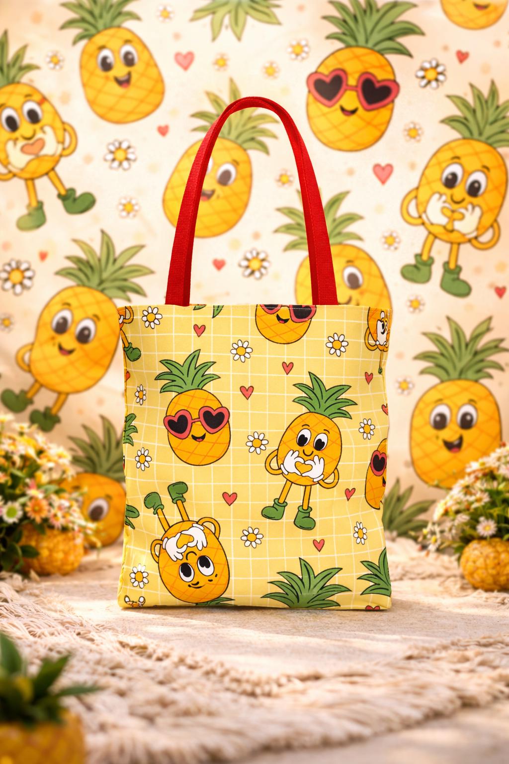 Kawaii Pineapple Pattern Tote Bag | Cute Fruit Hearts Daisies All-Over Print