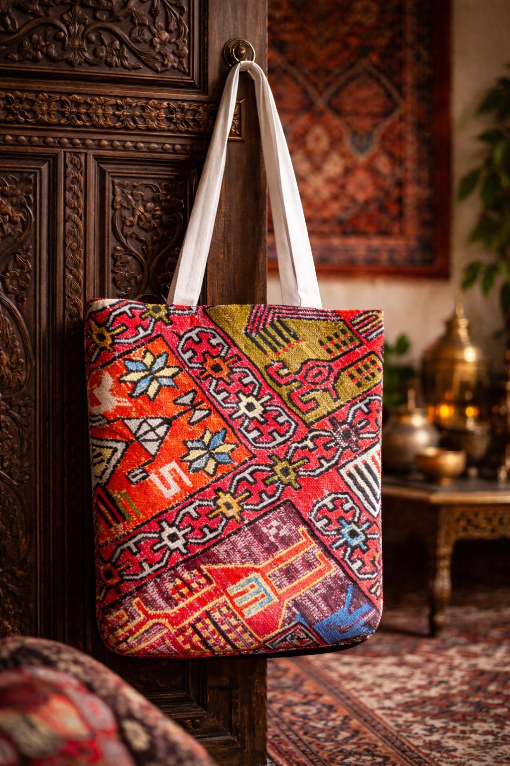 Persian inspired funky tote bag with vibrant patterns, handmade art, versatile shoulder strap, perfect for everyday use