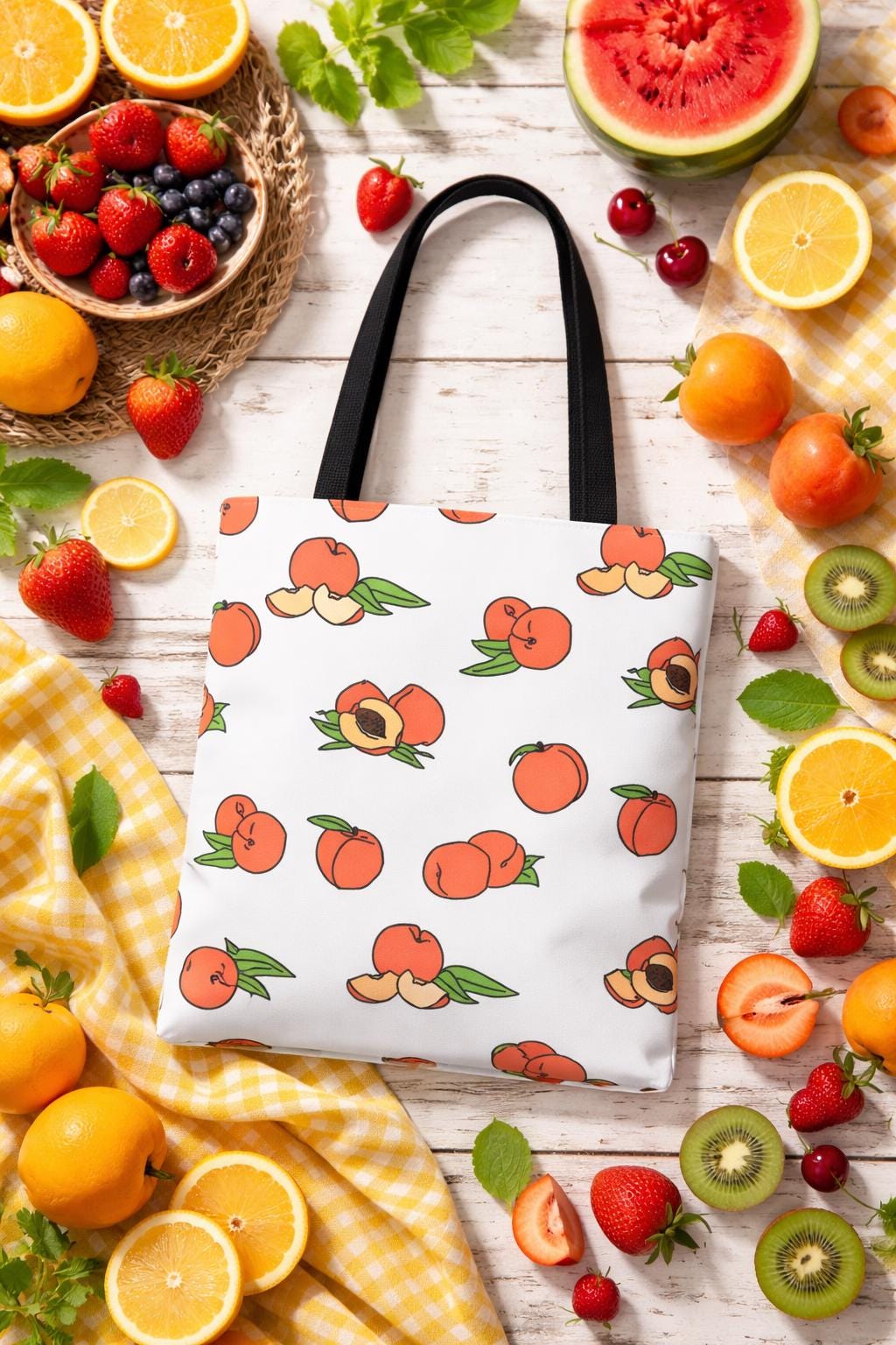 Peach Pattern Tote Bag | All-Over Print Fruit Shopper Bag for Summer, Grocery, Farmers Market, Eco-Friendly Daily, Gift for Her