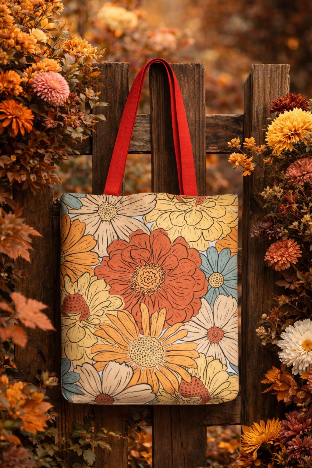 Retro Floral Bouquet Tote | Vintage Daisy Pattern, Earth Tone Flowers