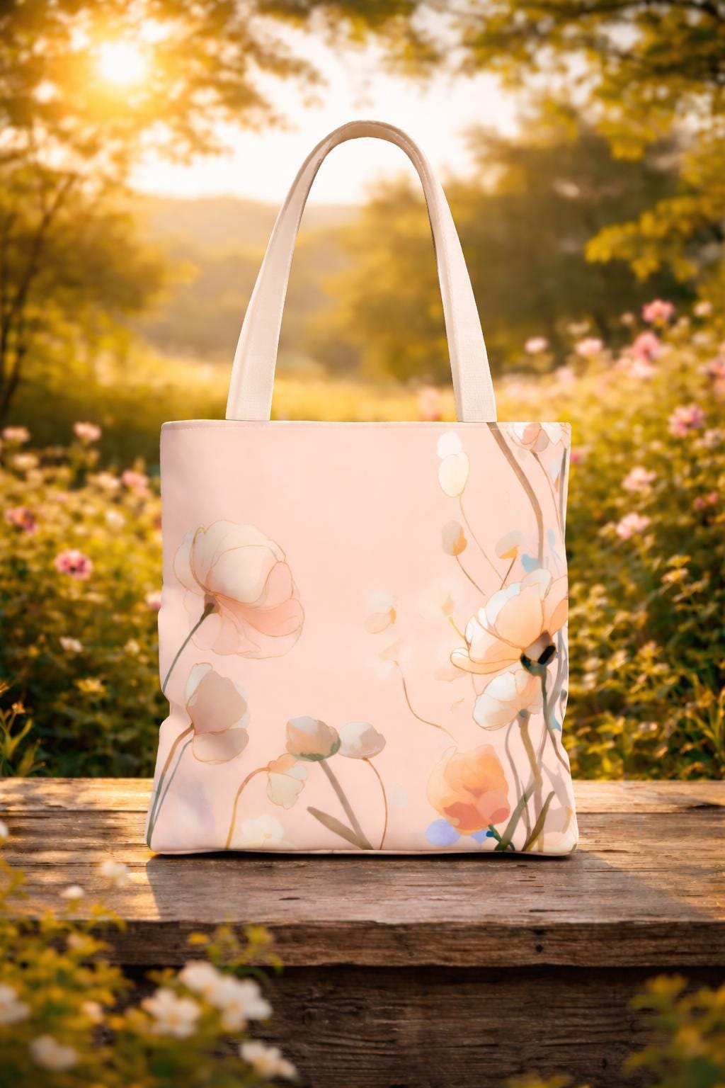 Blush Floral Illustration Tote Bag,Peach Poppy Pattern Handcrafted Summer Accessory & Gift for Garden Lovers