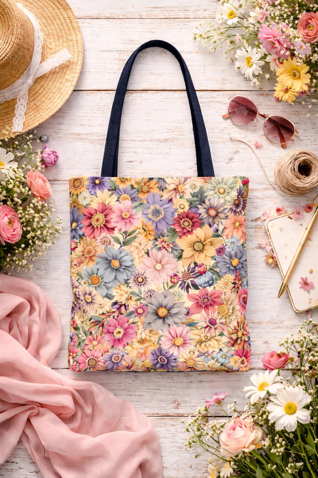 Vintage floral tote bag, pastel daisy all-over print, garden bag, eco-friendly shopping tote, women’s everyday bag, spring picnic accessory