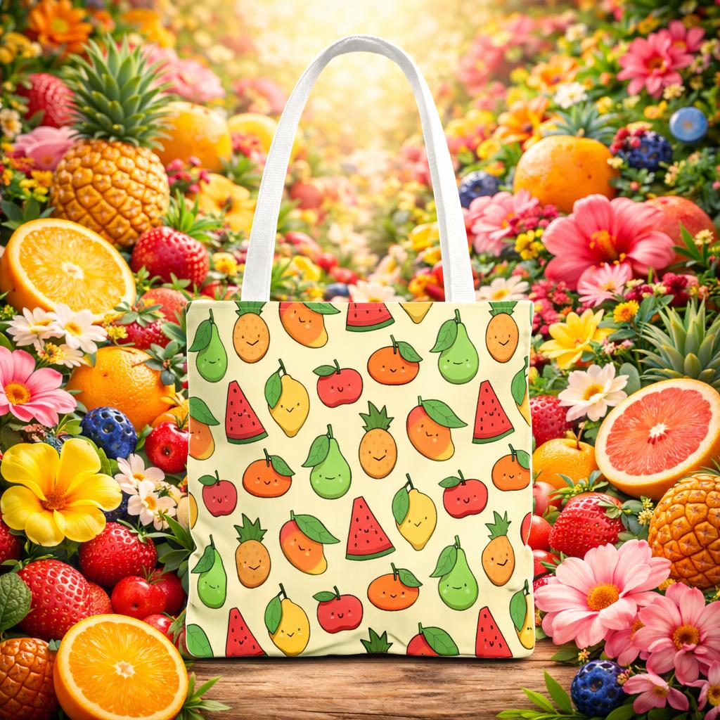 Cute Kawaii Fruit Pattern Tote Bag | Watermelon Pear Apple Lemon Orange Reusable Grocery Beach Summer Market Tote