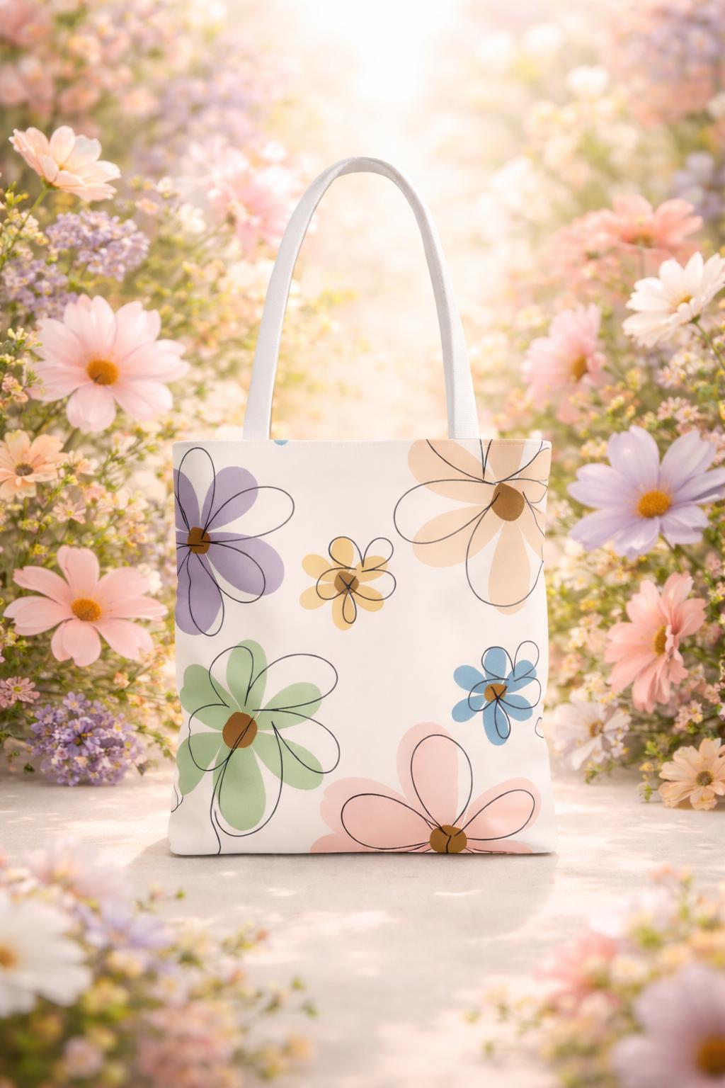 Pastel Doodle Flowers Tote Bag, Floral Illustration Casual Bag, Eco-Friendly Everyday Shopping Tote, Gift for Her, Spring & Summer