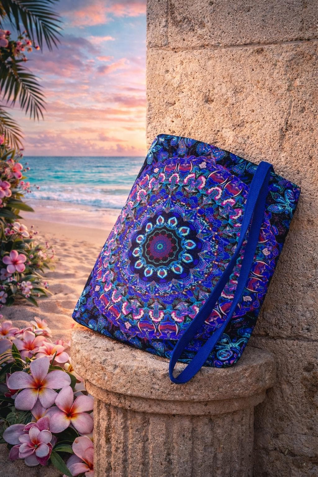 Mandala Bag with Blue and Purple Kaleidoscope Design – Stylish Accessory for Shopping & Events – Perfect Gift for Boho Charm