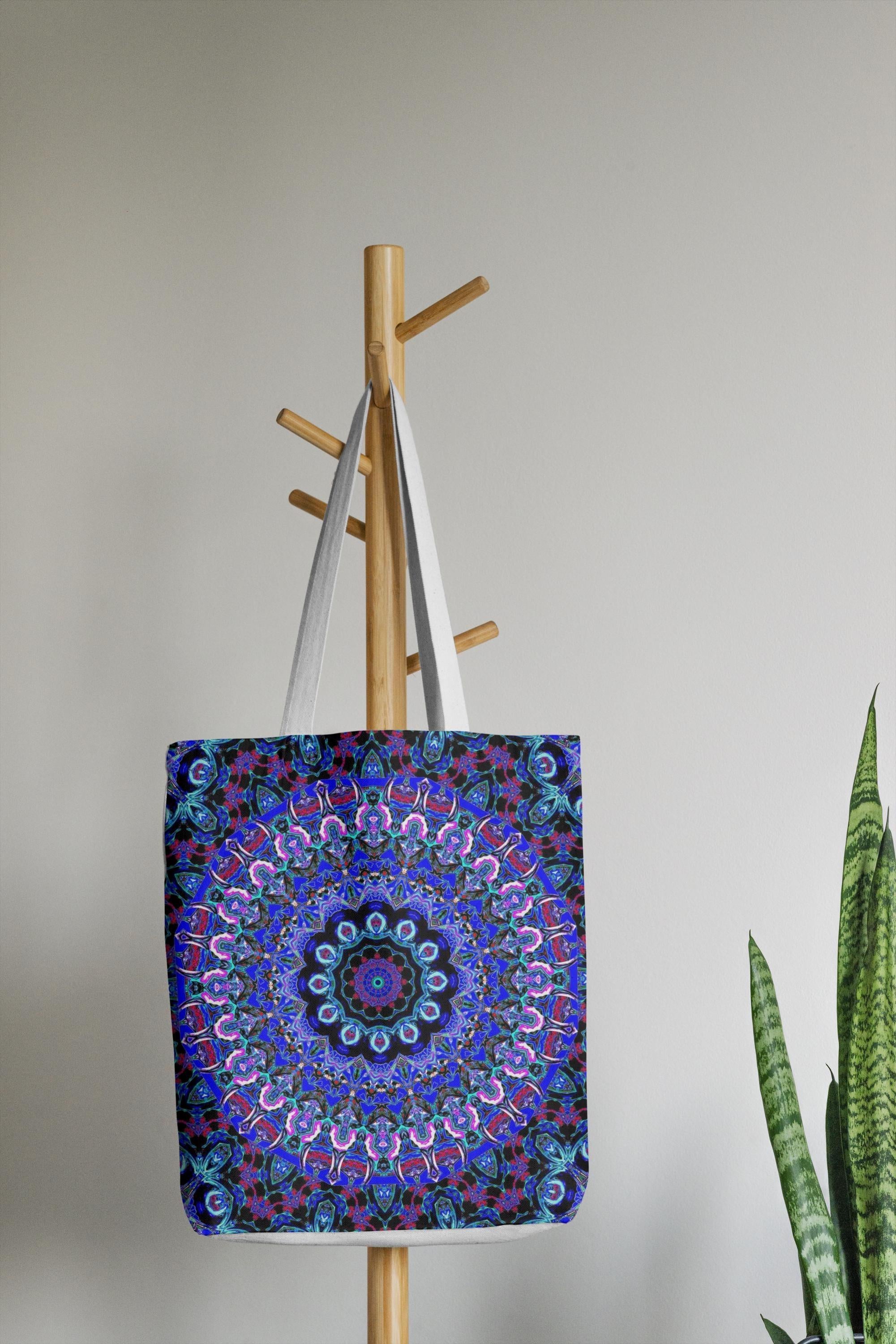 Mandala Bag with Blue and Purple Kaleidoscope Design – Stylish Accessory for Shopping & Events – Perfect Gift for Boho Charm