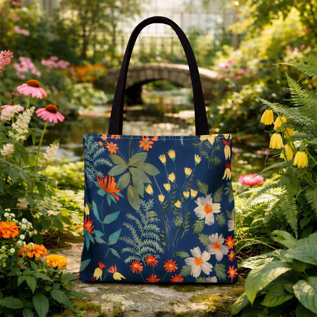Wildflower Meadow Tote Bag | Floral Botanical Pattern, Navy Background