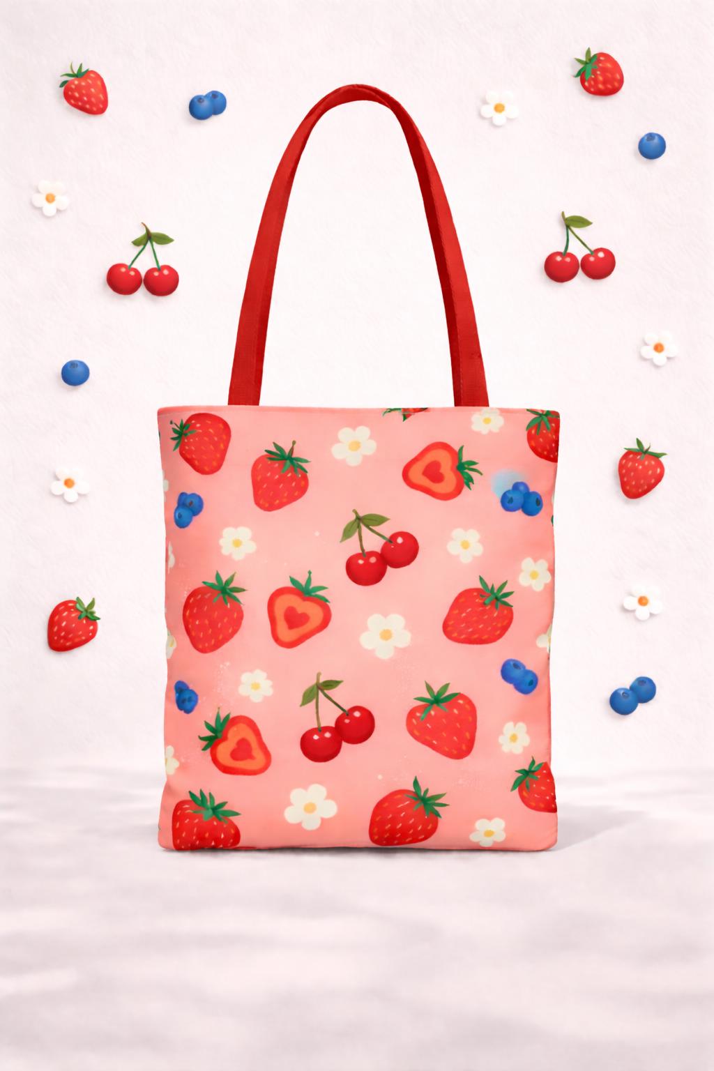 Strawberry Pattern Tote Bag, Cute Summer Floral Tote, Pink Fruit Grocery Bag, Reusable Eco-Friendly Market Bag, Gift for Her