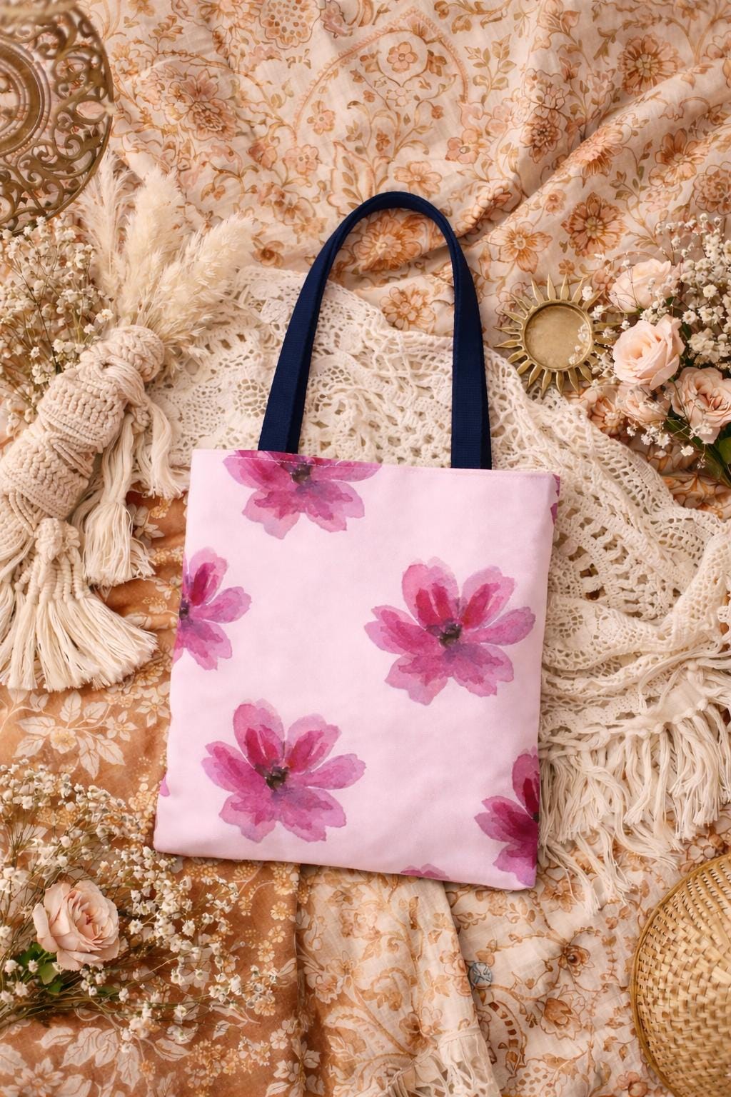 Pink Watercolor Floral Tote Bag, Pink Blossom Pattern, Eco Friendly Canvas Bag, Spring Shopping Bag, Gift for Her, Beach & Garden Tote