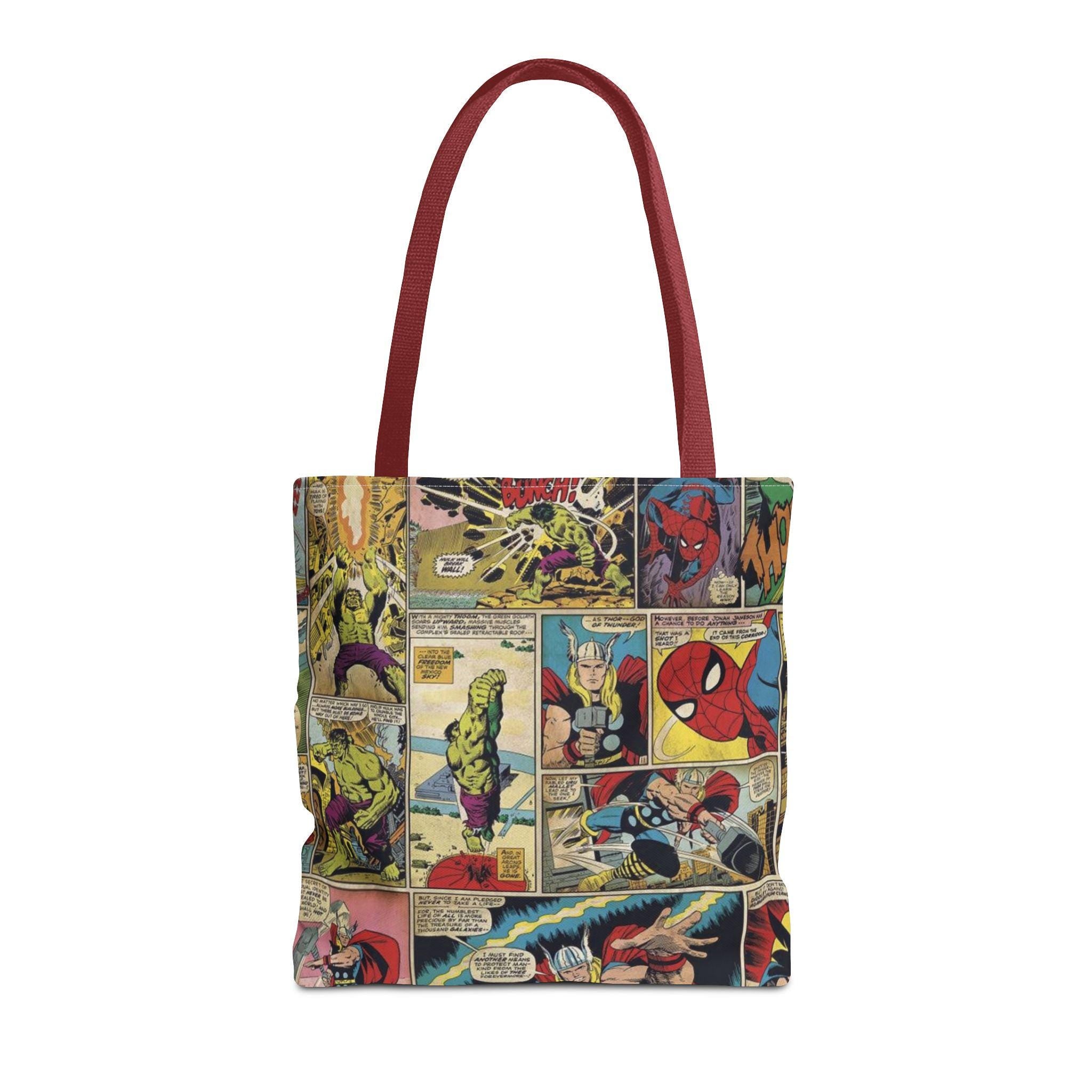 Vintage Comic Collage Tote Bag, Nerd and Superhero Book Bag, Retro Pop Art Shoulder Tote for Men and Women, Geeky Grocery Shopping Bag