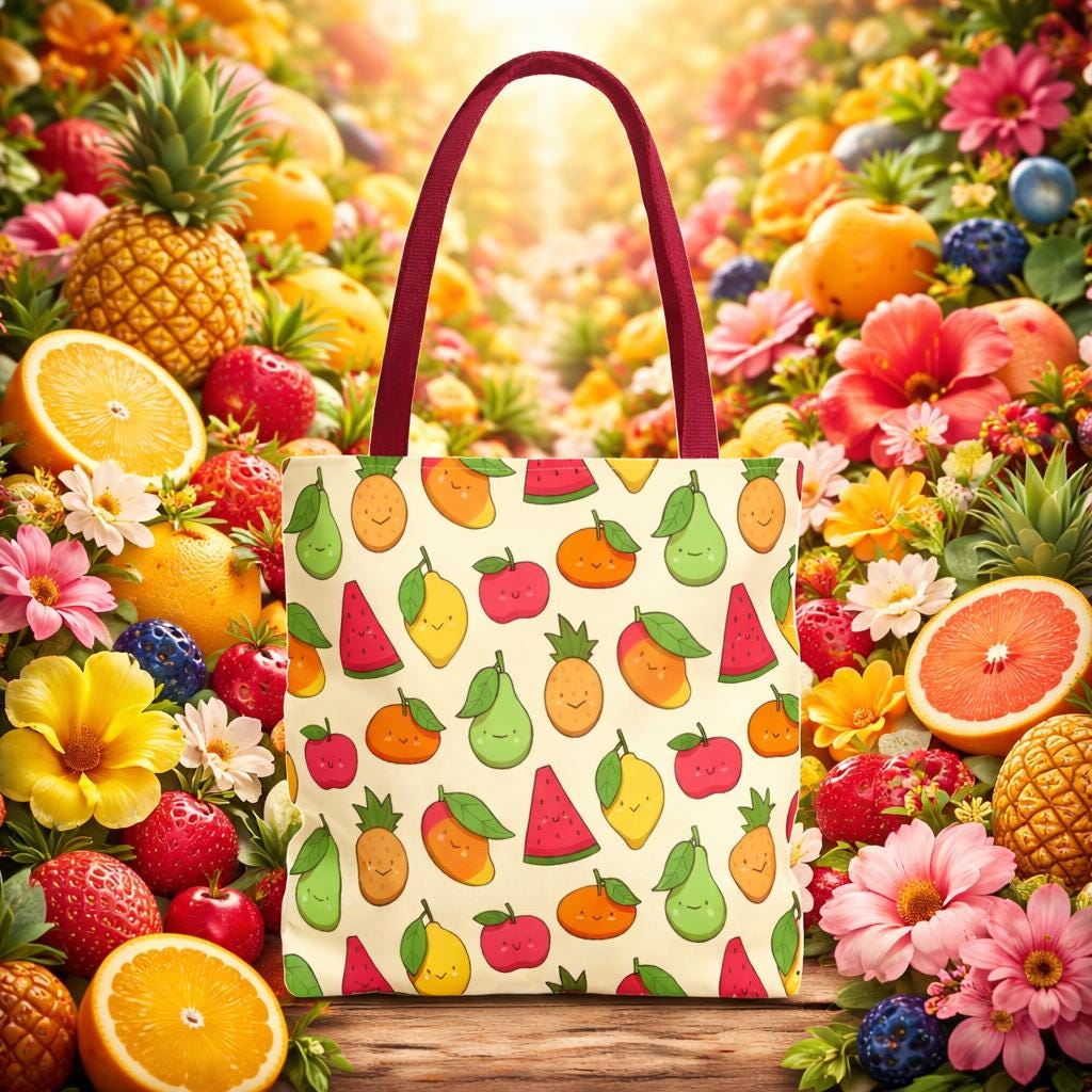 Cute Kawaii Fruit Pattern Tote Bag | Watermelon Pear Apple Lemon Orange Reusable Grocery Beach Summer Market Tote