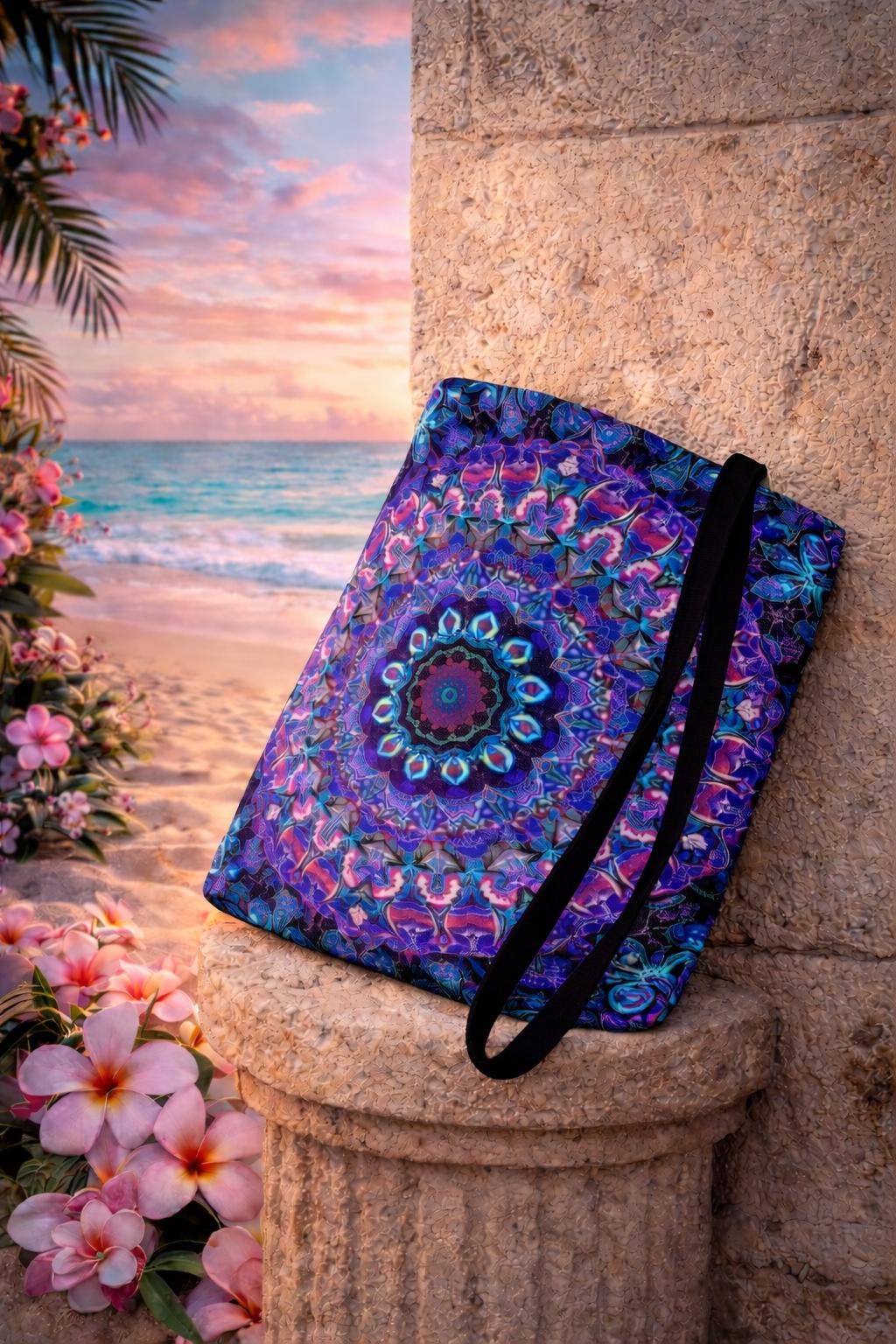Mandala Bag with Blue and Purple Kaleidoscope Design – Stylish Accessory for Shopping & Events – Perfect Gift for Boho Charm