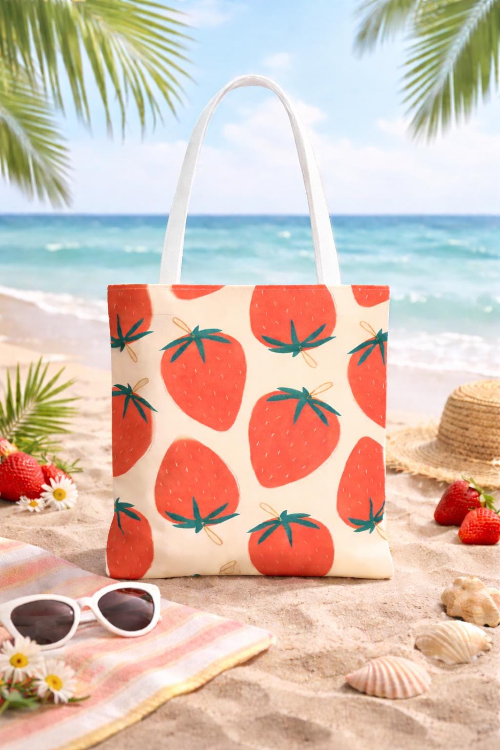 Strawberry Pattern Tote Bag, Retro Grocery Bag