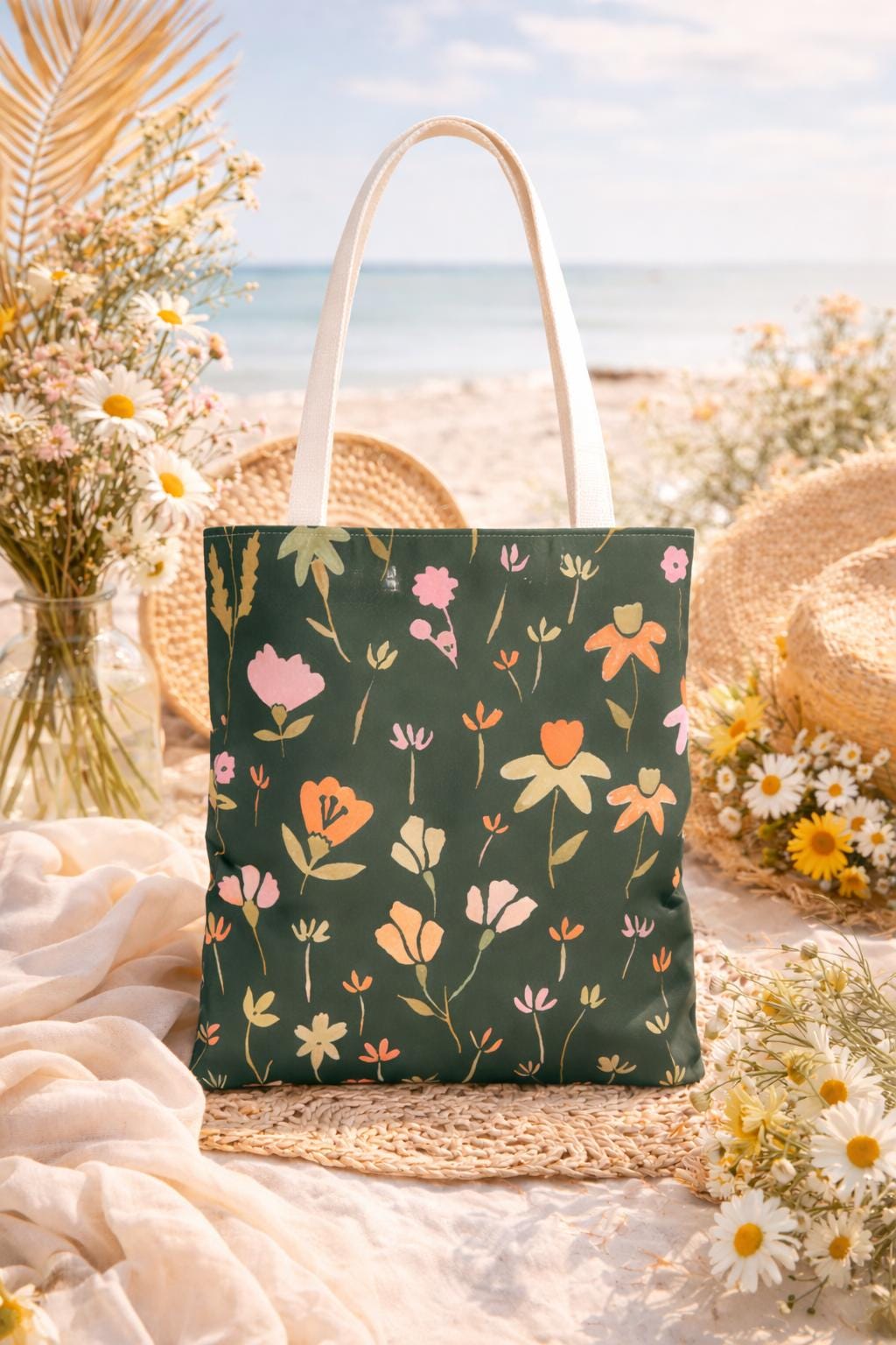 Floral tote bag, all-over printed wildflowers, green and blush pink blooms, everyday market shopping bag, eco-friendly gift for her
