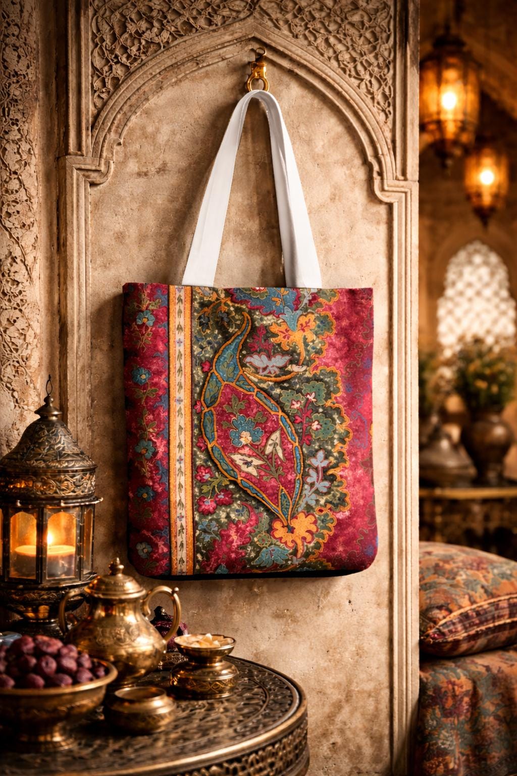 Floral Tote Bag: Persian Art Style, Colorful Handles