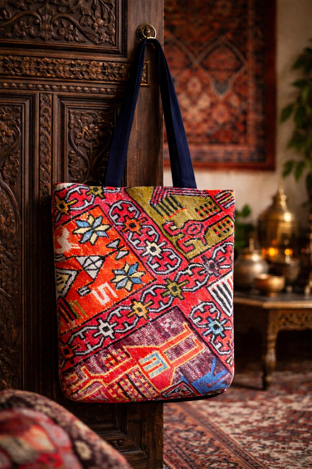 Persian inspired funky tote bag with vibrant patterns, handmade art, versatile shoulder strap, perfect for everyday use