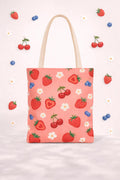 Strawberry Pattern Tote Bag, Cute Summer Floral Tote, Pink Fruit Grocery Bag, Reusable Eco-Friendly Market Bag, Gift for Her