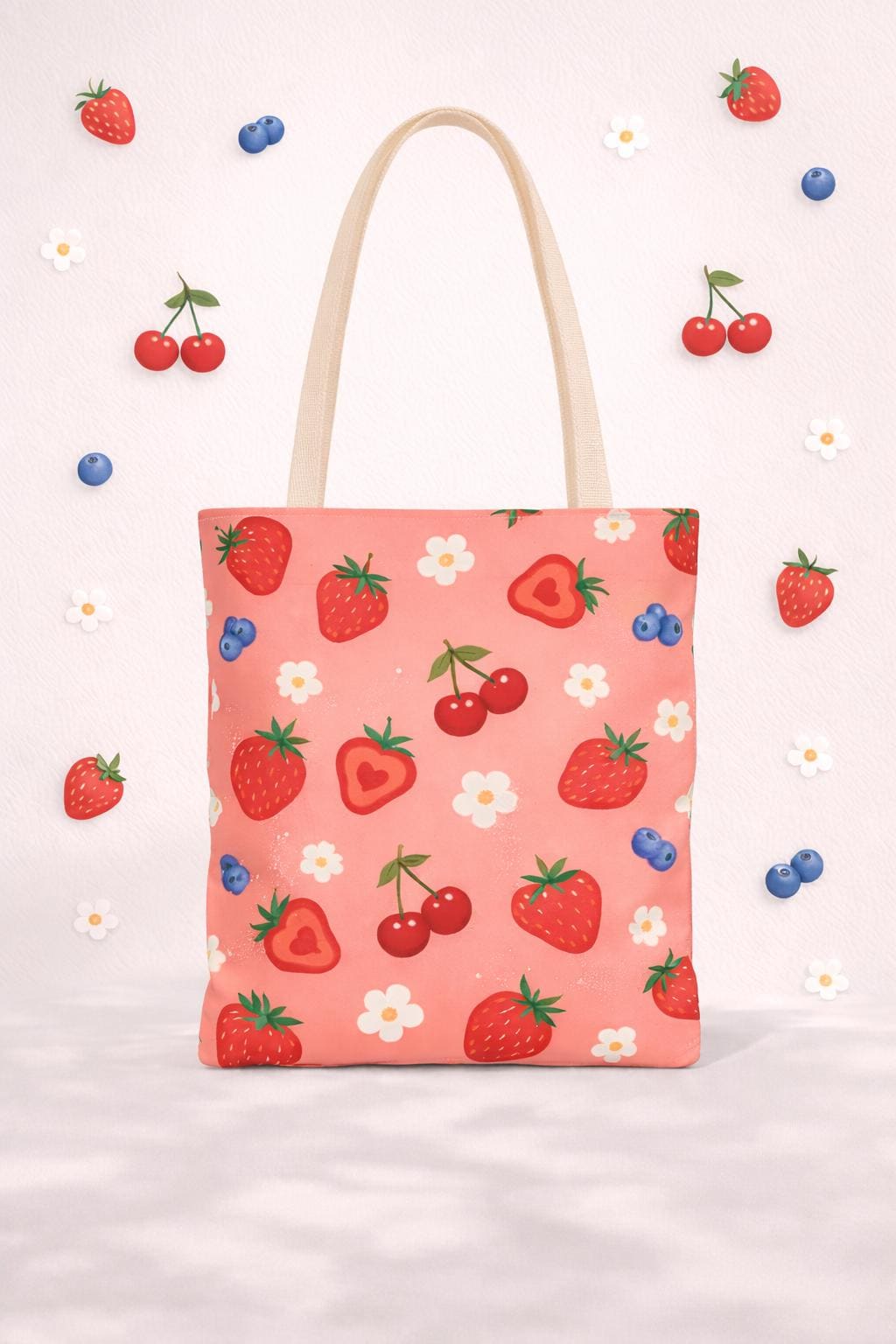 Strawberry Pattern Tote Bag, Cute Summer Floral Tote, Pink Fruit Grocery Bag, Reusable Eco-Friendly Market Bag, Gift for Her