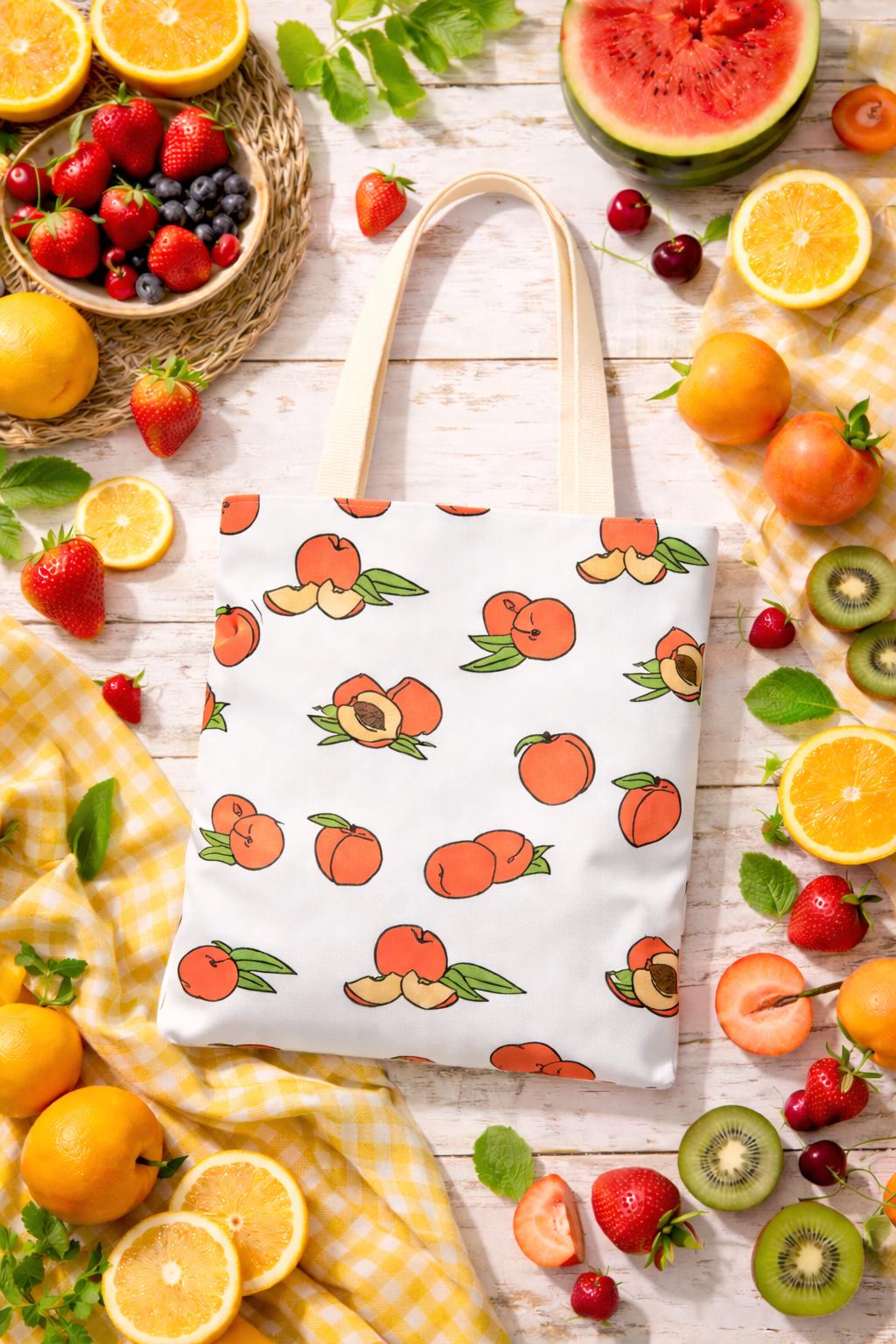Peach Pattern Tote Bag | All-Over Print Fruit Shopper Bag for Summer, Grocery, Farmers Market, Eco-Friendly Daily, Gift for Her