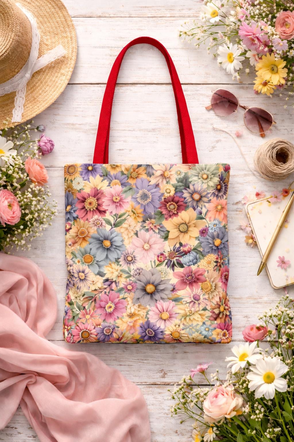 Vintage floral tote bag, pastel daisy all-over print, garden bag, eco-friendly shopping tote, women’s everyday bag, spring picnic accessory