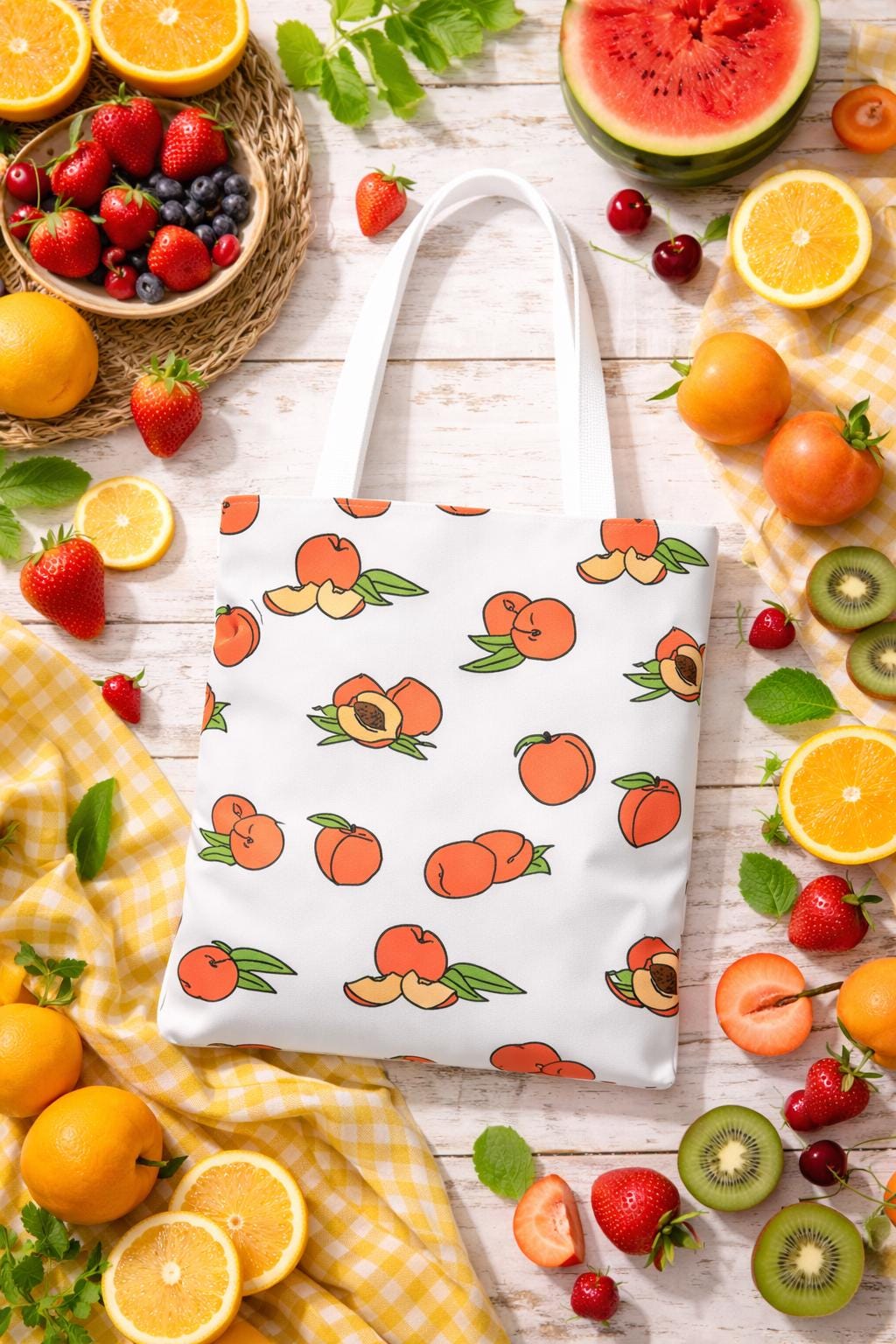 Peach Pattern Tote Bag | All-Over Print Fruit Shopper Bag for Summer, Grocery, Farmers Market, Eco-Friendly Daily, Gift for Her