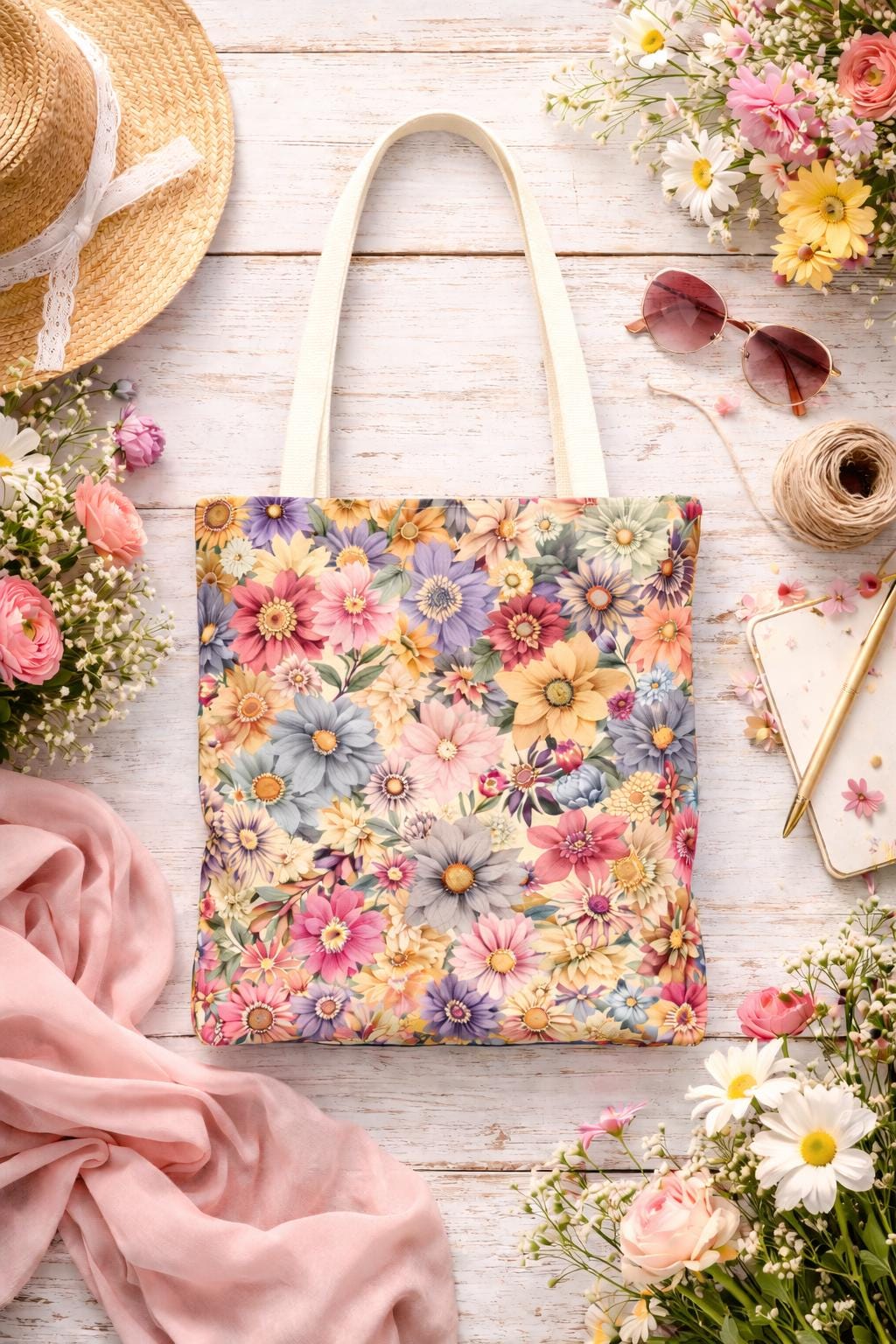 Vintage floral tote bag, pastel daisy all-over print, garden bag, eco-friendly shopping tote, women’s everyday bag, spring picnic accessory