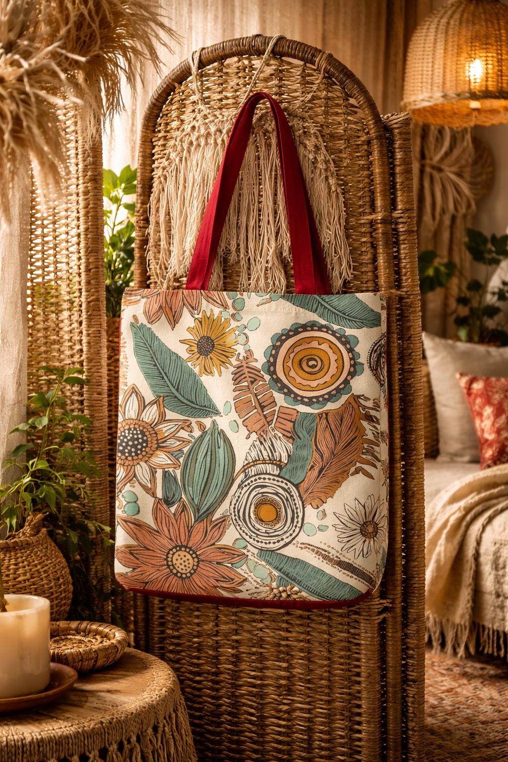 Boho Sunflower Feather Tote Bag | All-Over Print