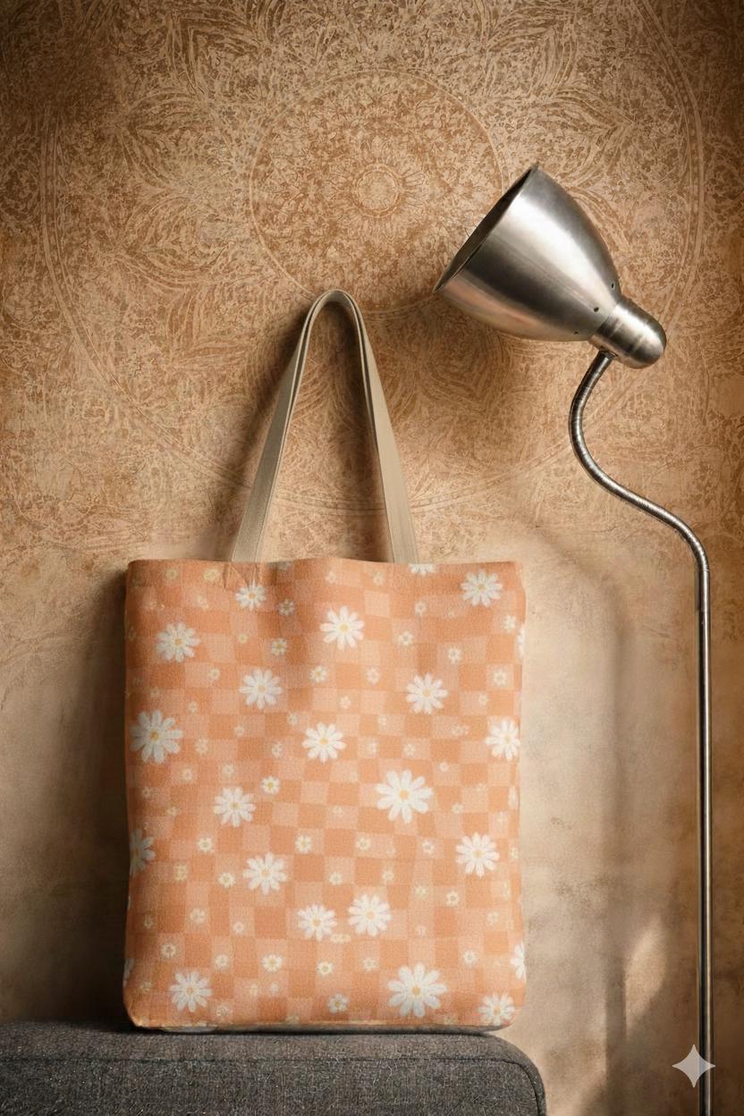 Floral vintage tote bag for books and groceries, soft-pink canvas with painterly magenta flowers, reinforced handles,lightweight and durable