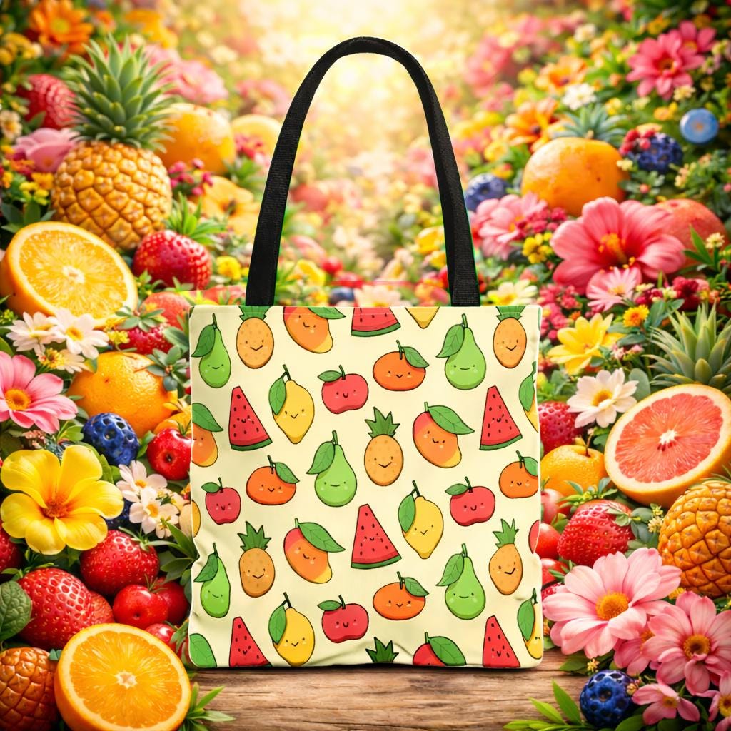 Cute Kawaii Fruit Pattern Tote Bag | Watermelon Pear Apple Lemon Orange Reusable Grocery Beach Summer Market Tote