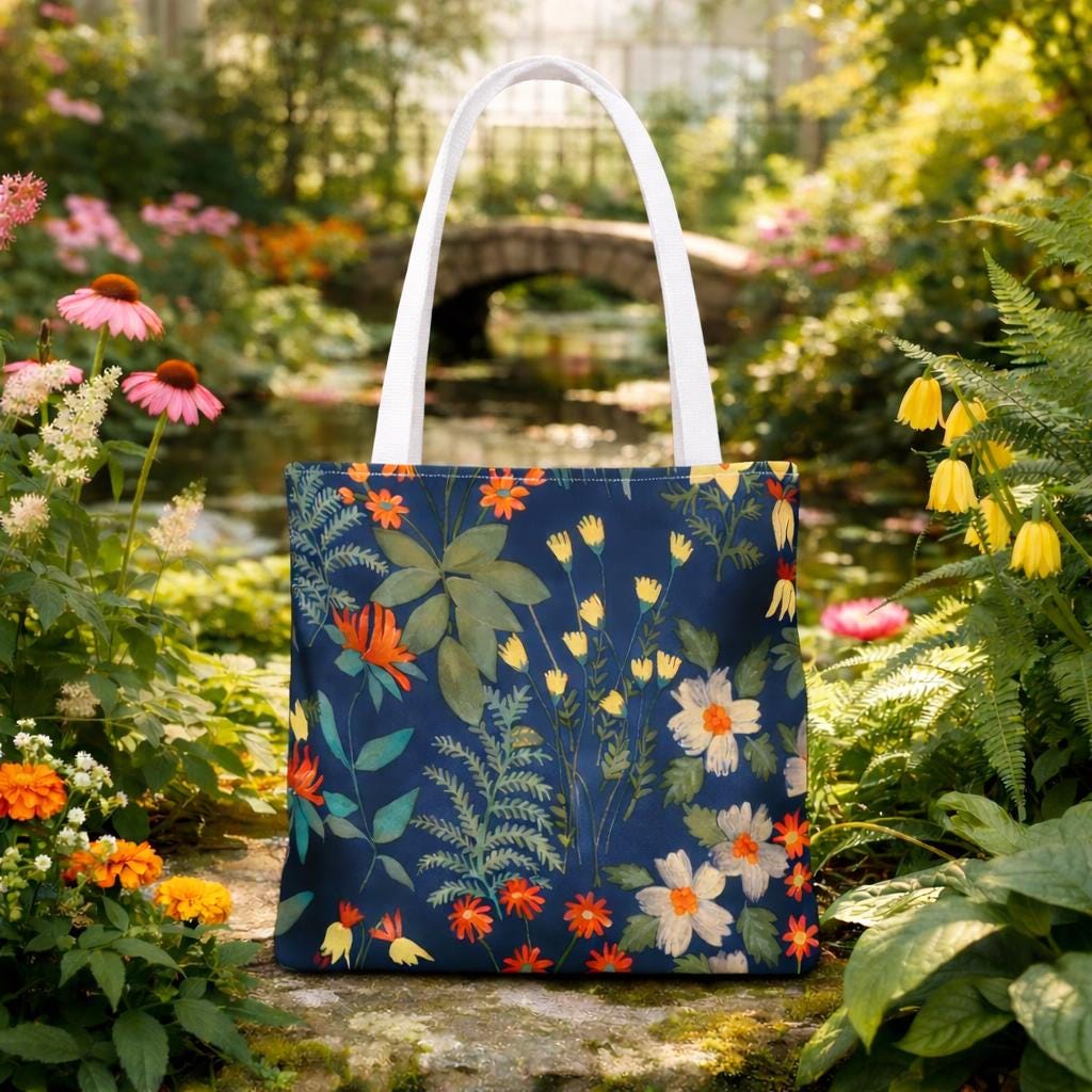 Wildflower Meadow Tote Bag | Floral Botanical Pattern, Navy Background