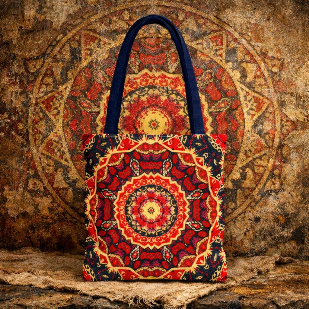 Red Mandala Pattern Tote Bag | Boho Kaleidoscope Print