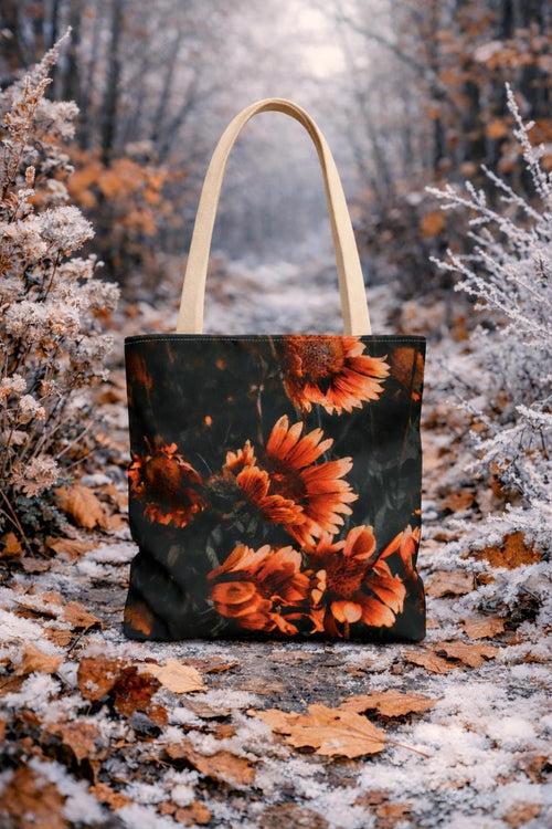 Autumn Orange Flowers Tote Bag | Floral Botanical Print, Eco-Friendly Canvas Grocery Bag, Fall Fashion Boho Tote for Shopping, Gift for Her