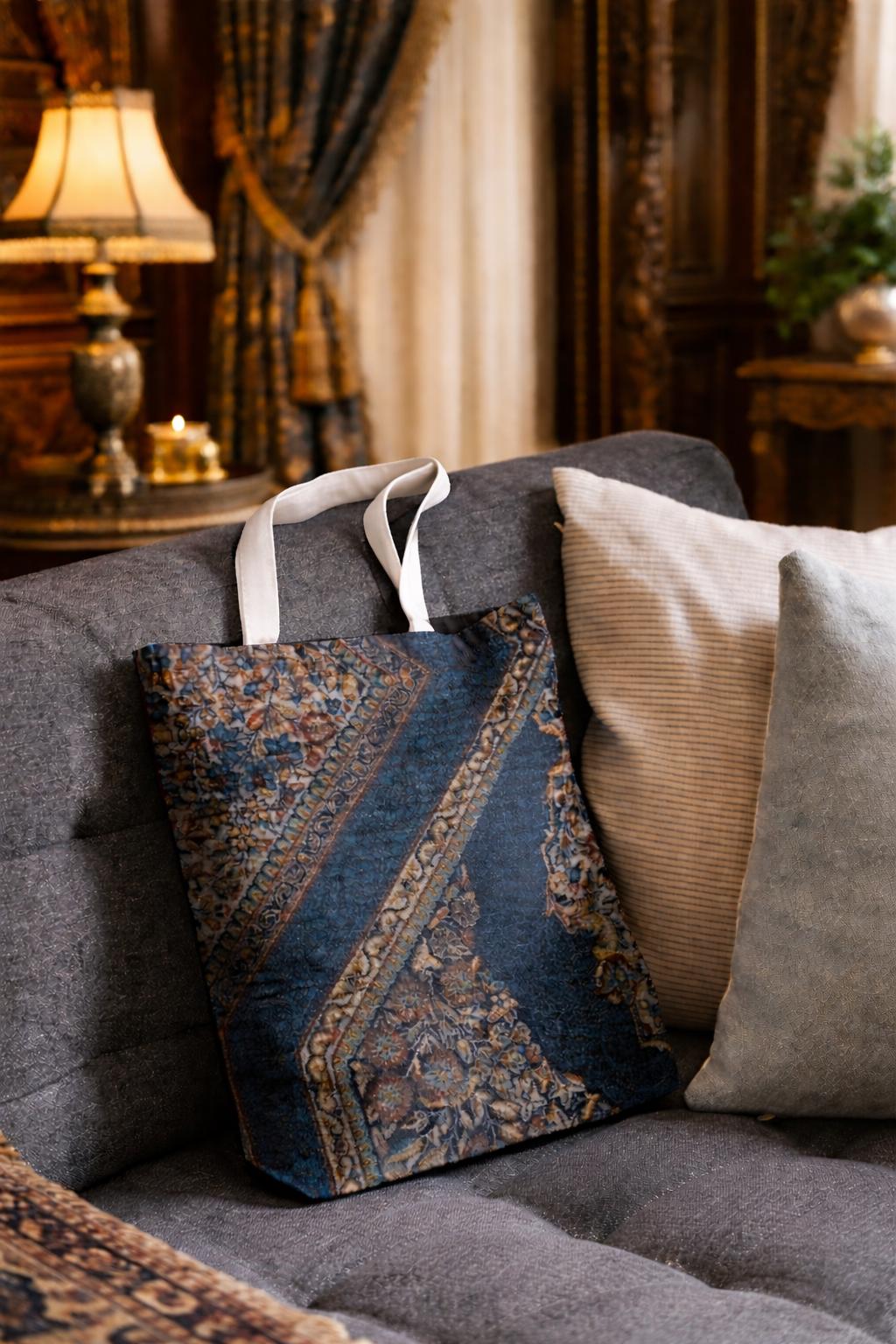 Vintage Persian Rug Pattern Tote Bag | Blue Ornate Textile Print