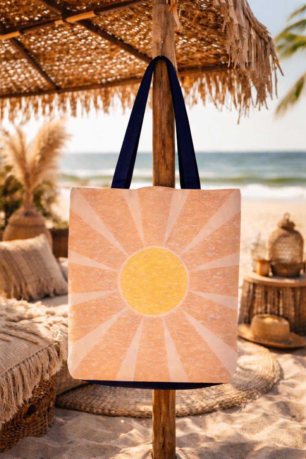 Retro Sunburst Tote Bag | Boho Sunrise Graphic