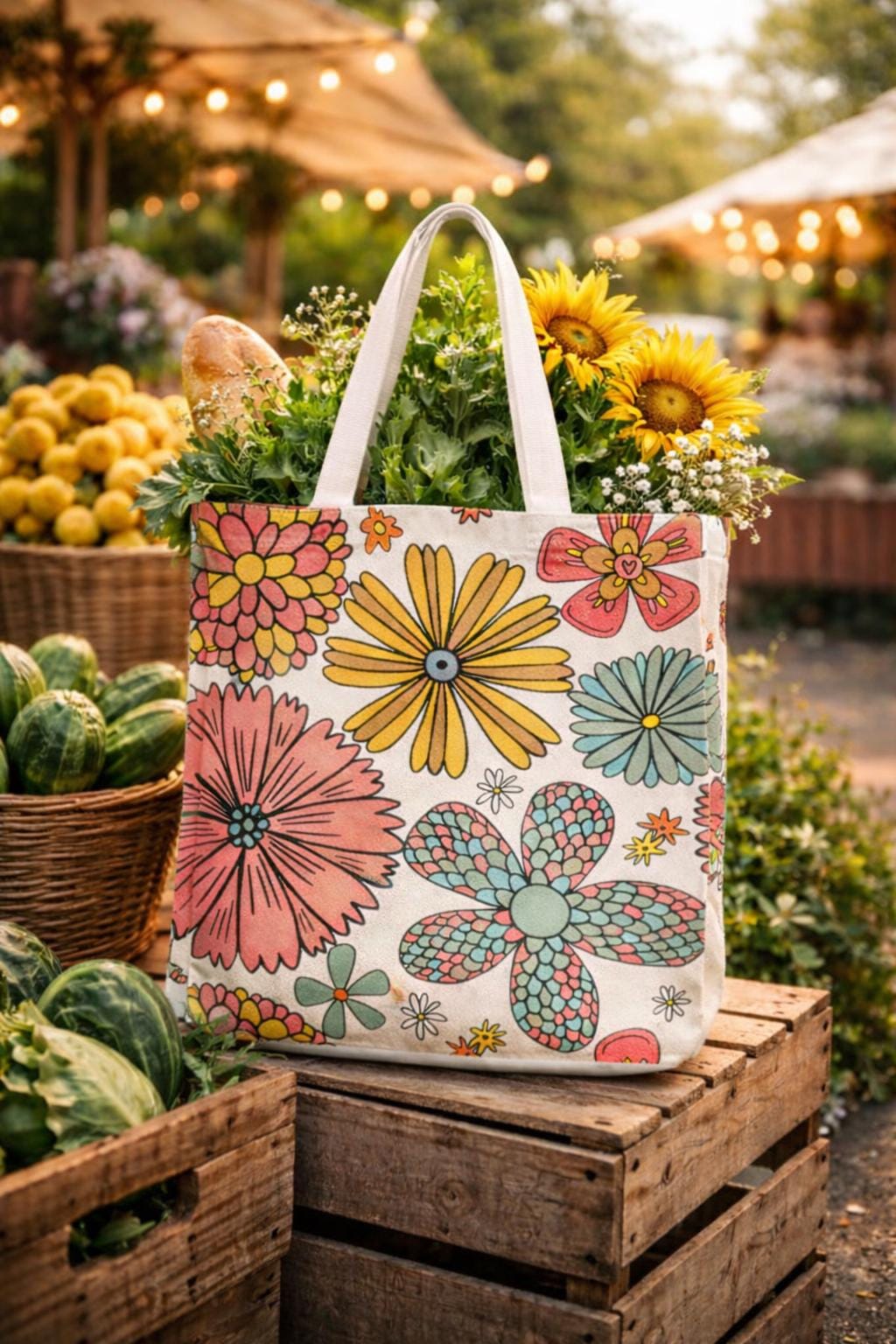 Retro Floral Pattern Tote Bag | Colorful Daisies All Over Print