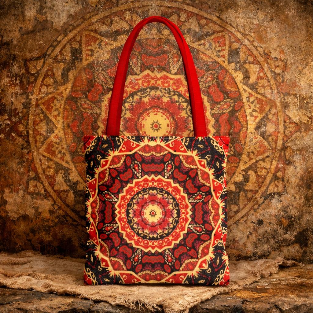 Red Mandala Pattern Tote Bag | Boho Kaleidoscope Print