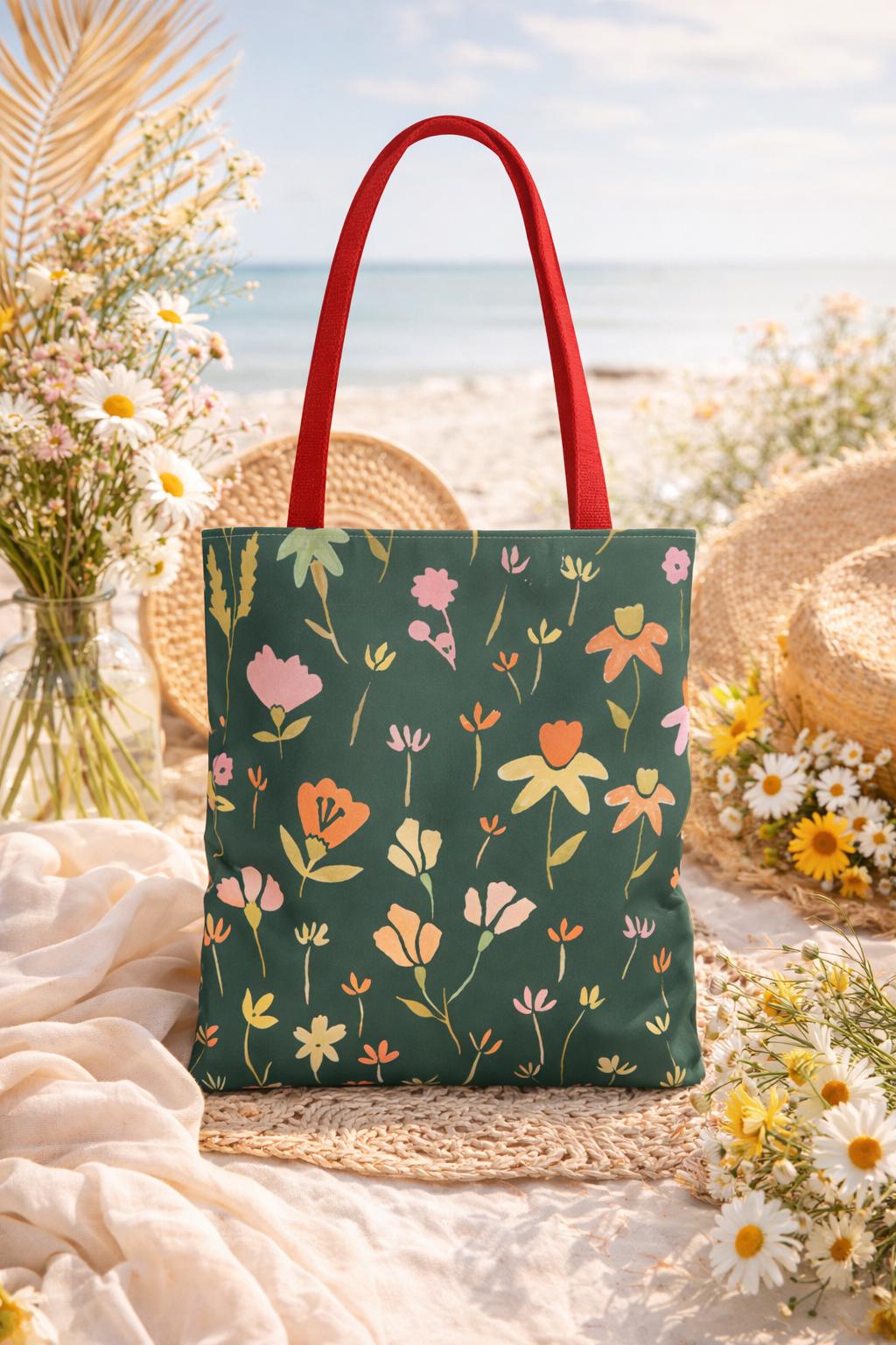 Floral tote bag, all-over printed wildflowers, green and blush pink blooms, everyday market shopping bag, eco-friendly gift for her