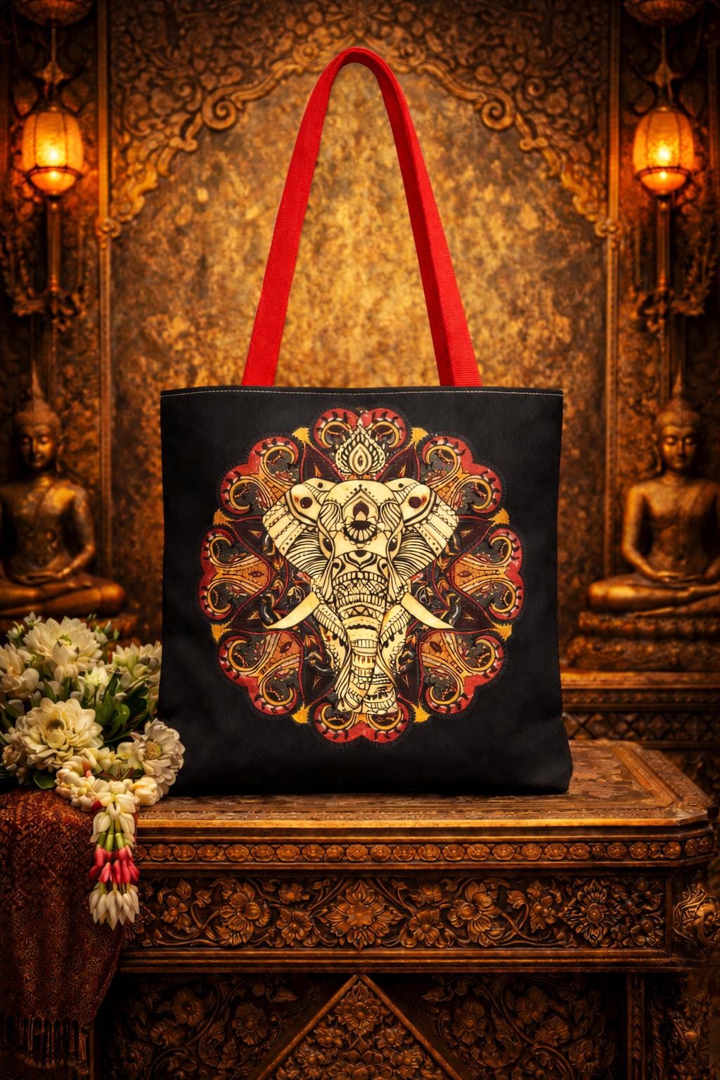 Elephant Mandala Tote Bag – Handcrafted Ornate Print for Casual Outings, Unique Gift for Nature Enthusiasts