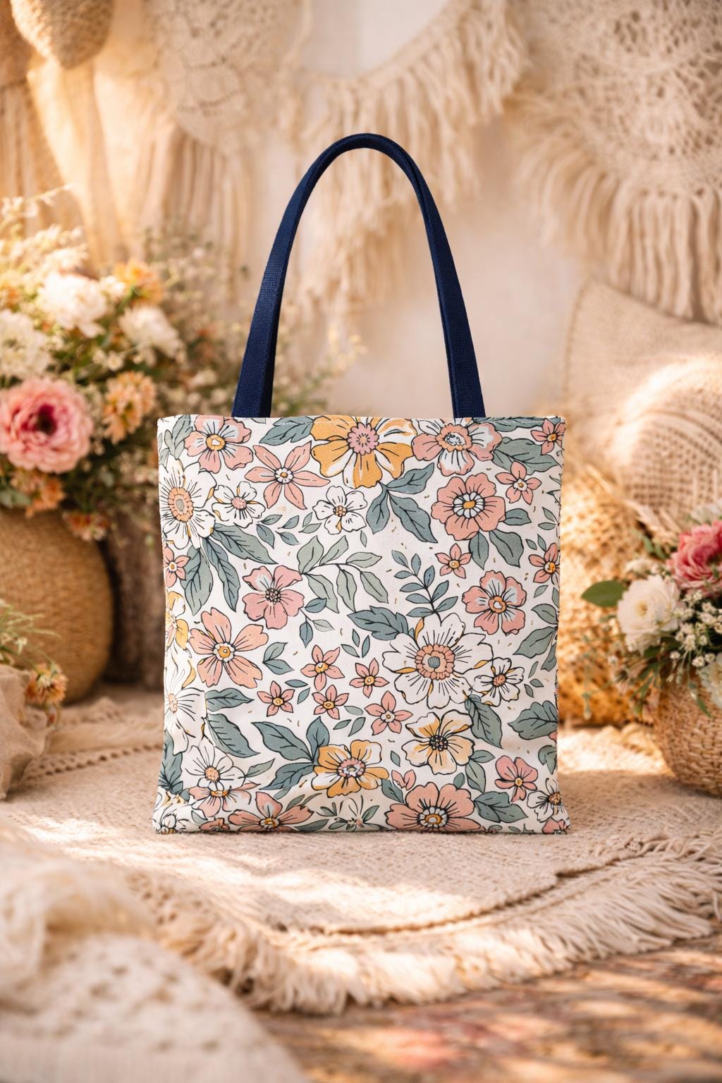 Pink Floral Pattern Tote Bag, Elegant and Spacious Portable Handbag for Everyday Use, Perfect Gift for Women