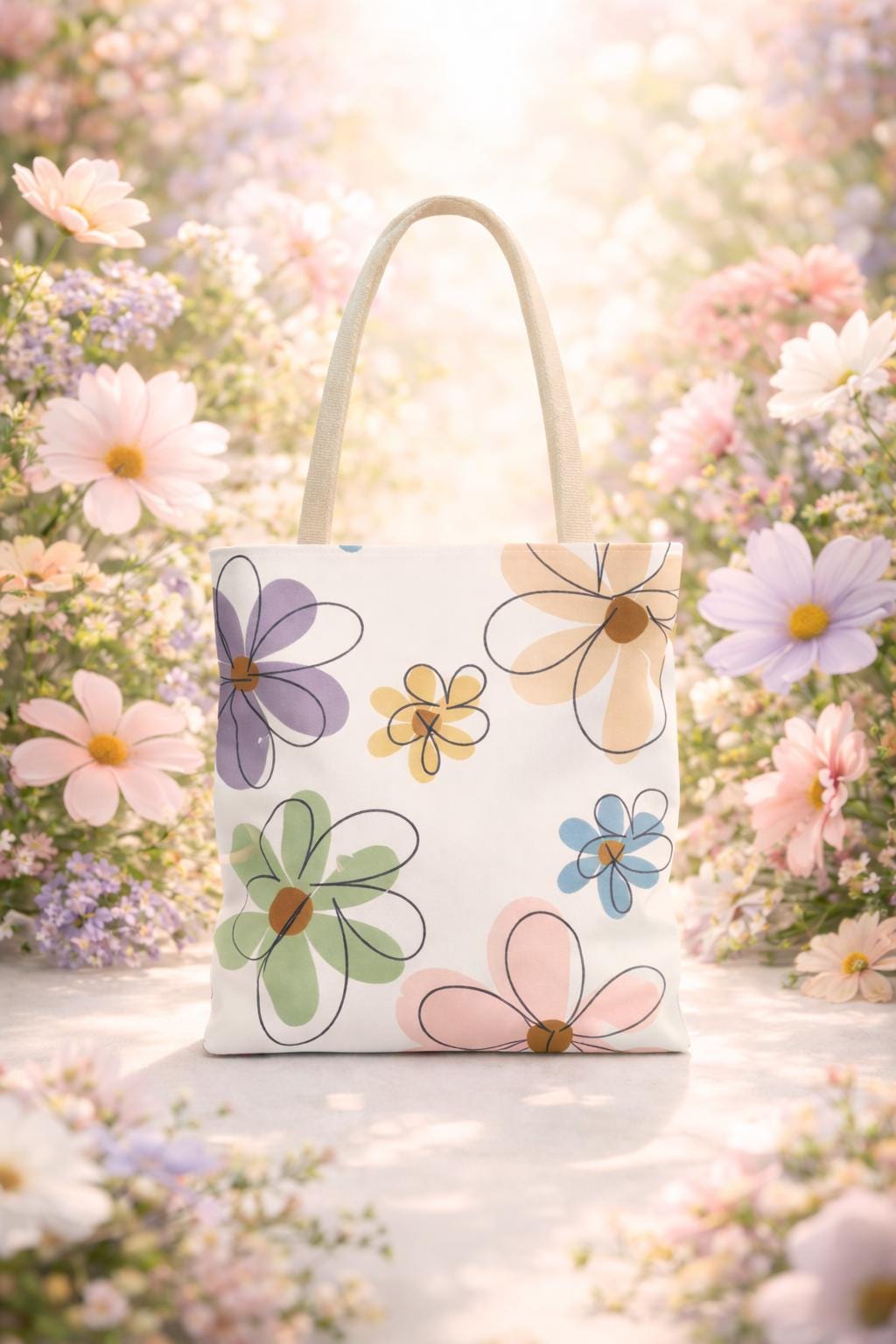Pastel Doodle Flowers Tote Bag, Floral Illustration Casual Bag, Eco-Friendly Everyday Shopping Tote, Gift for Her, Spring & Summer