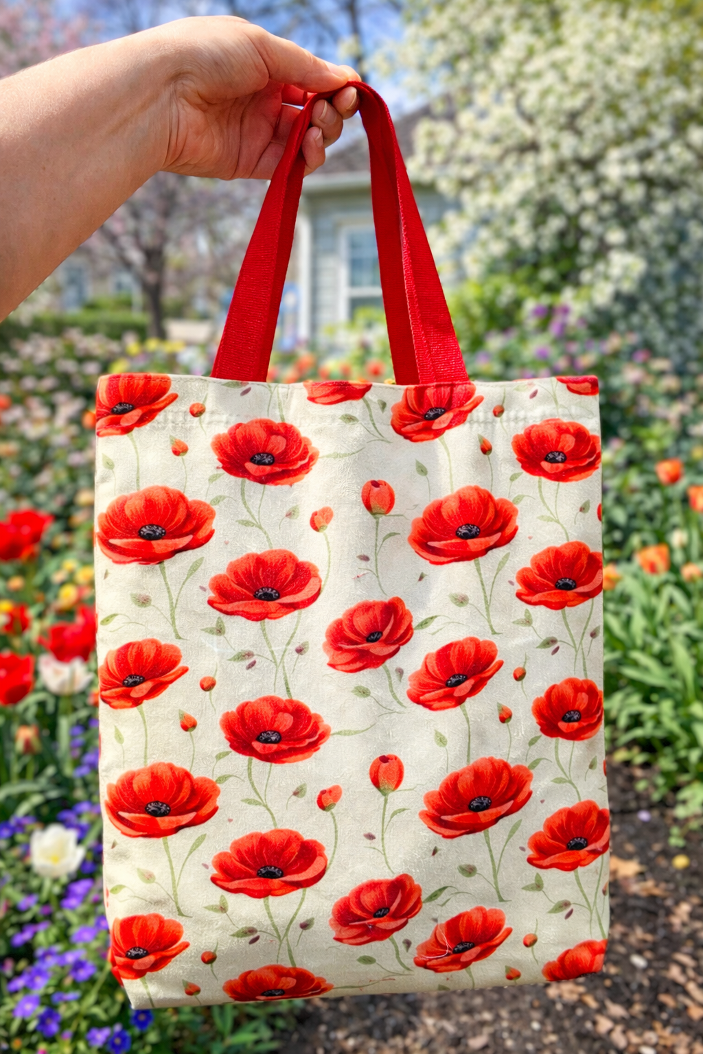 Red Poppy Pattern Tote Bag | Floral Poppy Print Tote