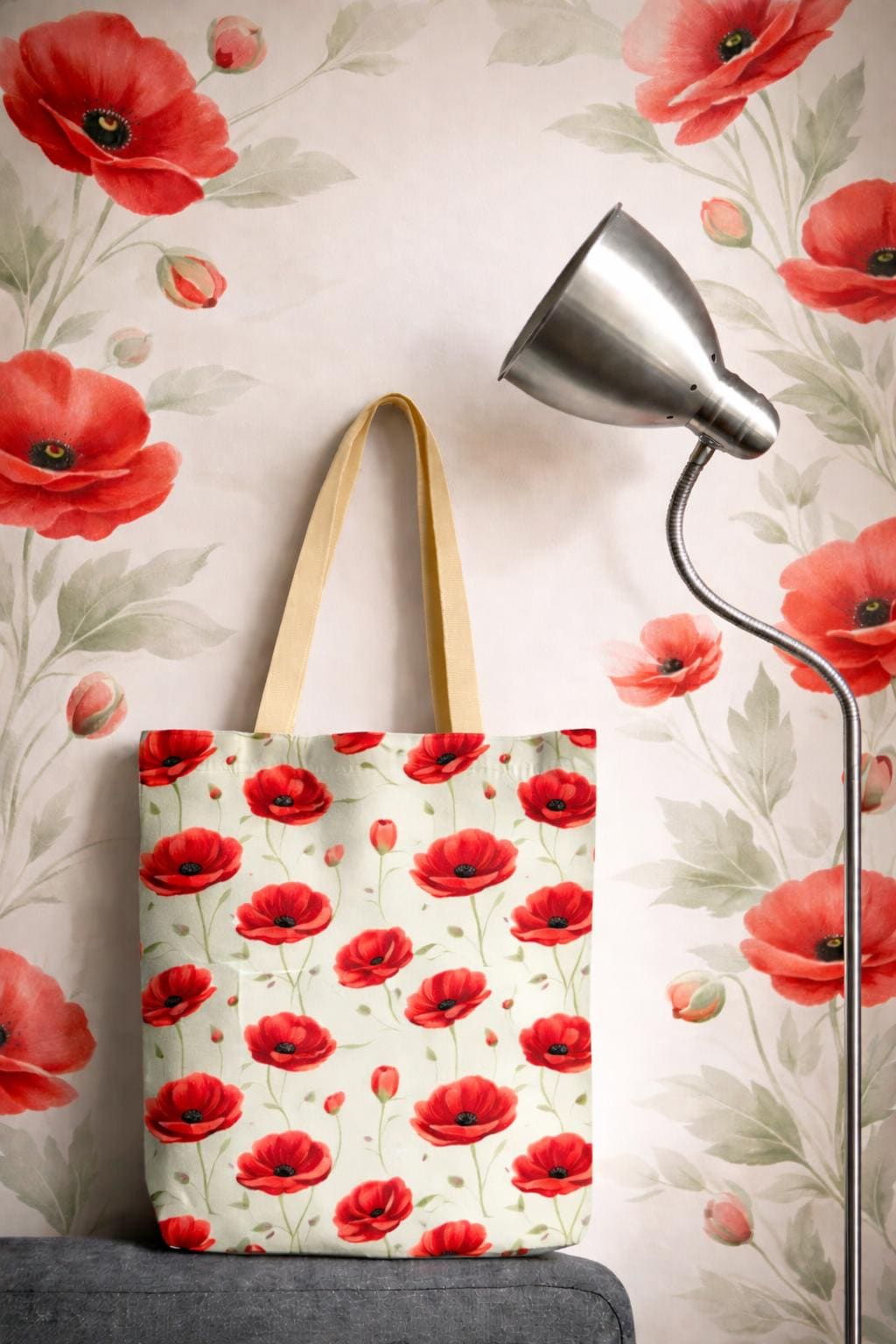 Red Poppy Pattern Tote Bag | Floral Poppy Print Tote