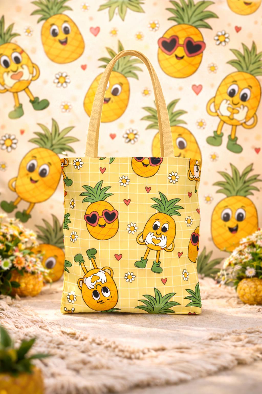 Kawaii Pineapple Pattern Tote Bag | Cute Fruit Hearts Daisies All-Over Print