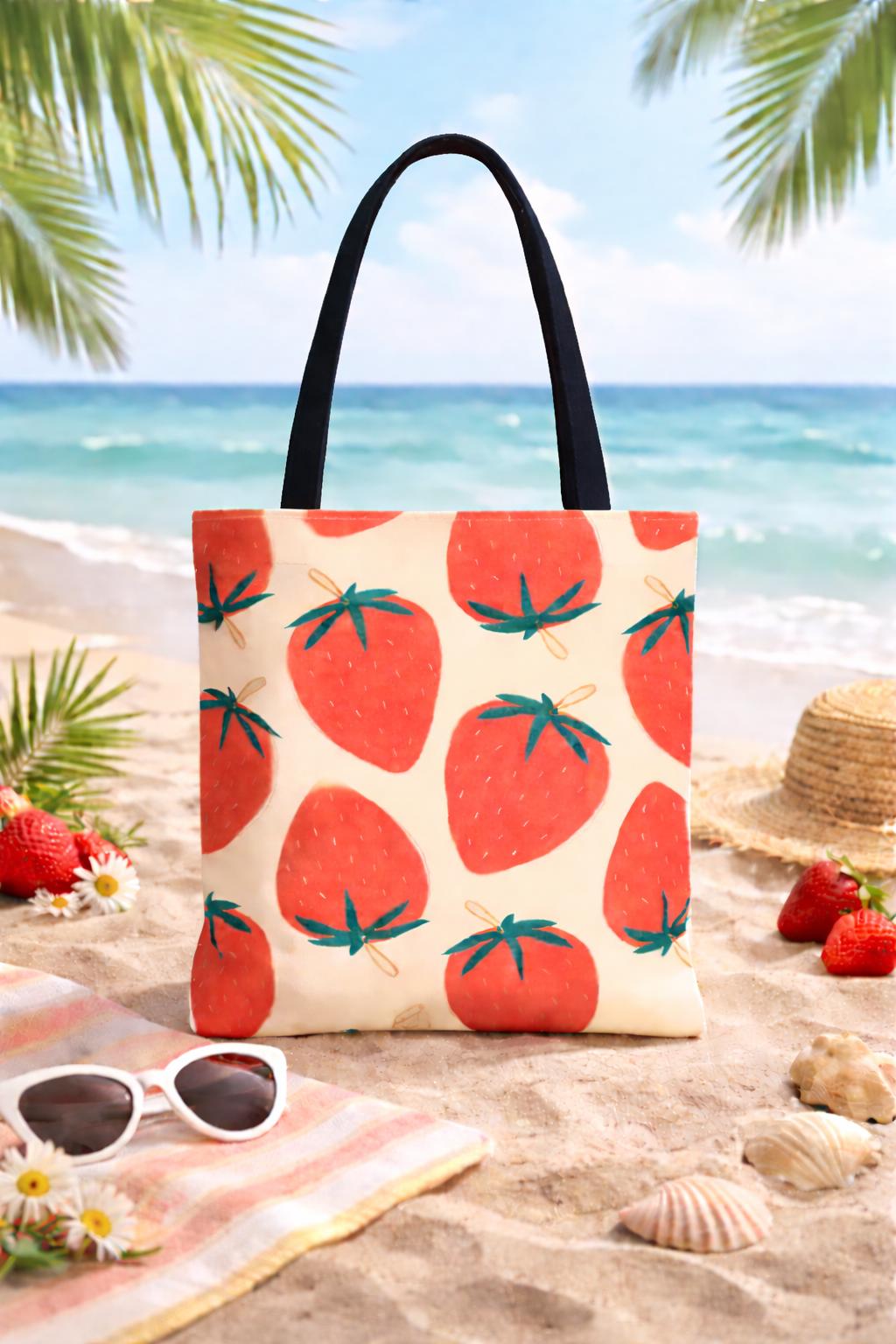 Strawberry Pattern Tote Bag, Retro Grocery Bag
